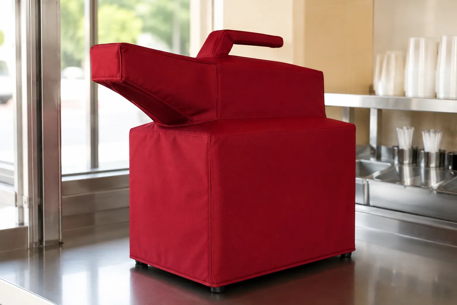 Tailored red protective cover over a clean snow cone machine on a stainless concession counter