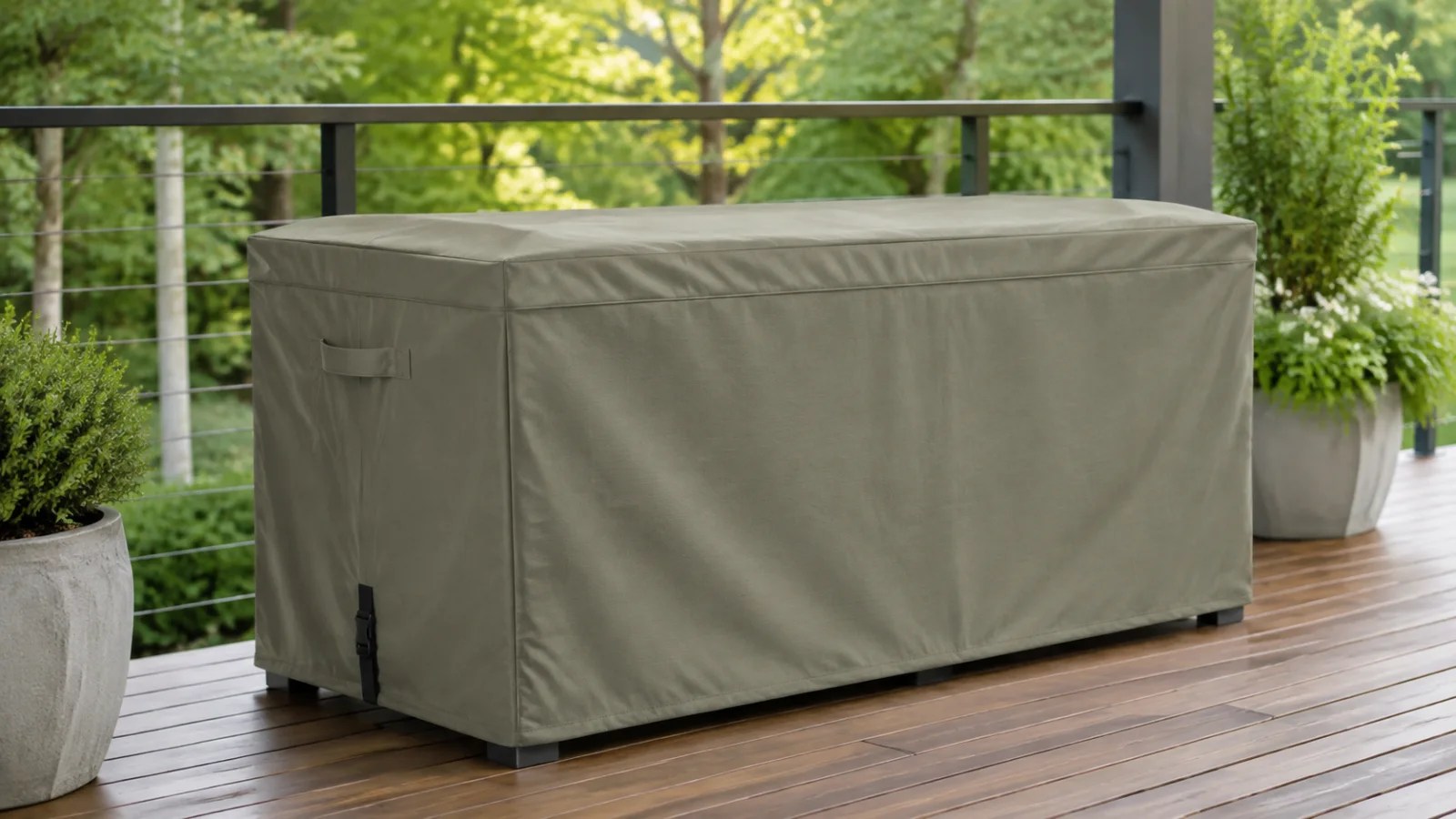 Olive-gray custom cover fitted over a standard rectangular deck box
