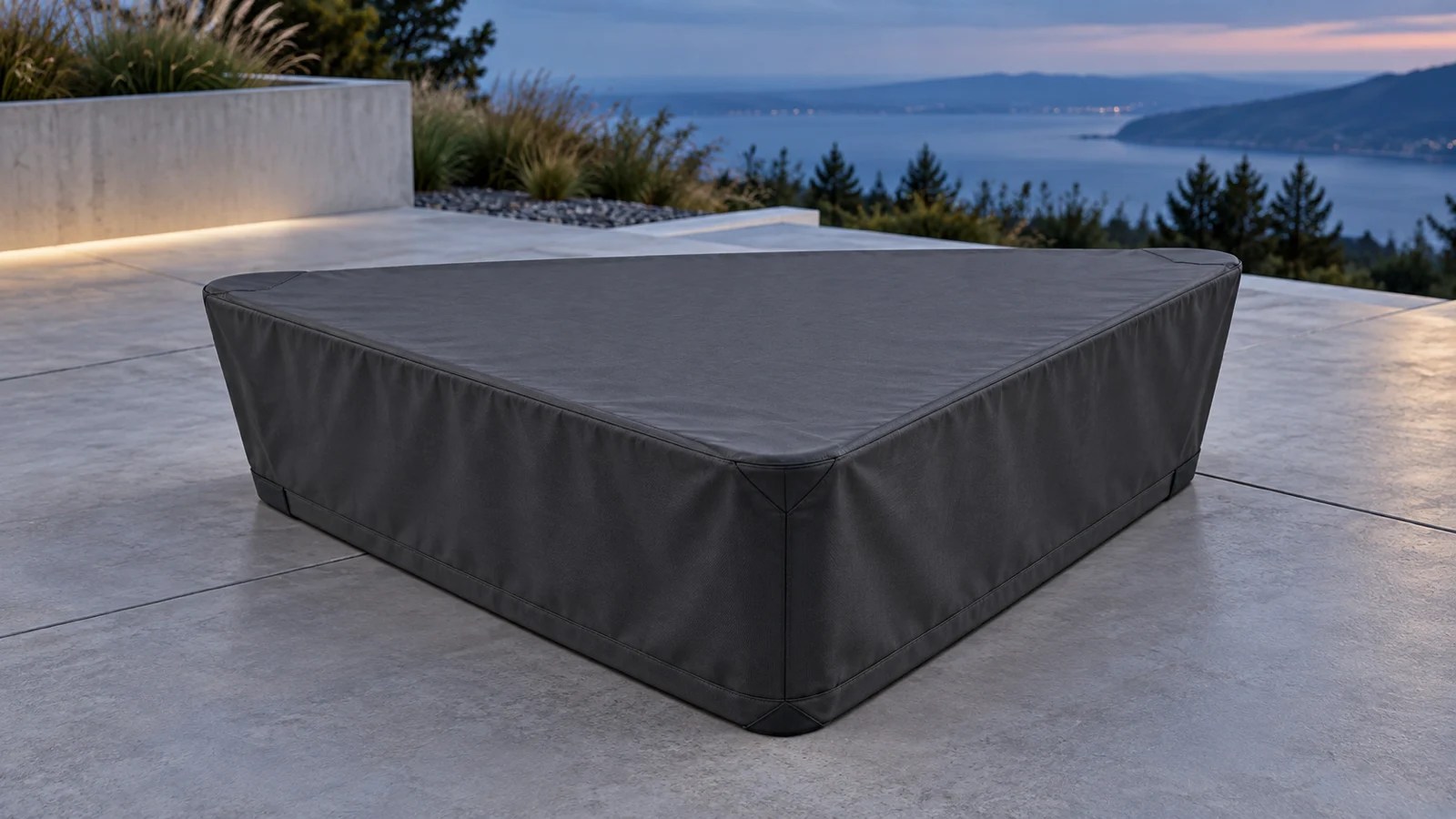 Charcoal fitted cover over a low triangular fire pit table on a modern concrete terrace