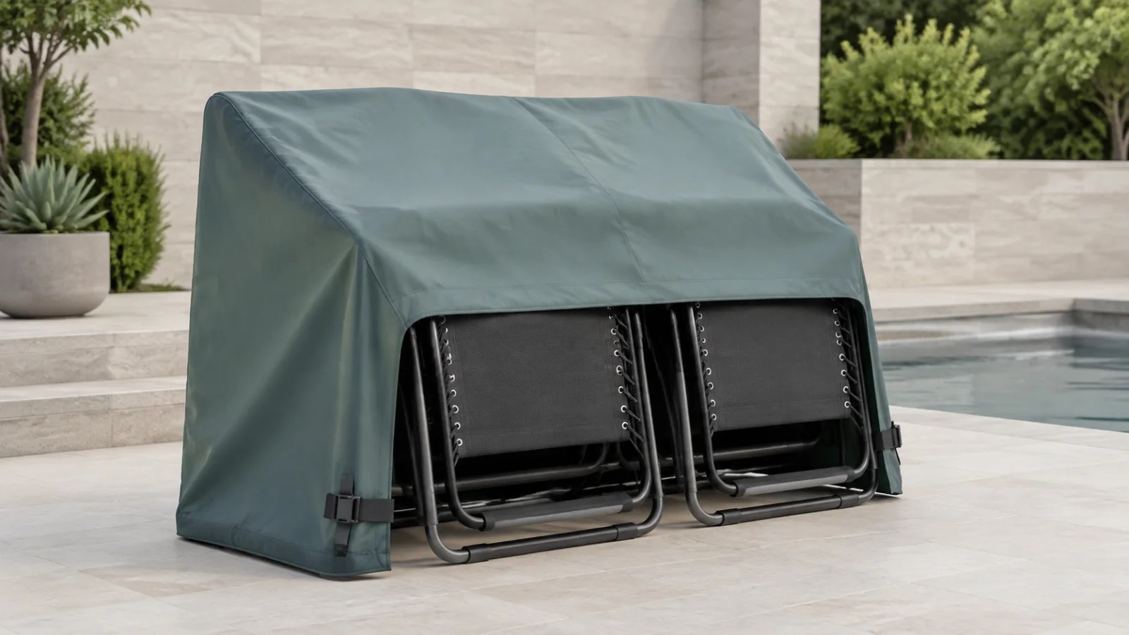 Muted-teal fitted cover over a folded pair of zero gravity patio chairs