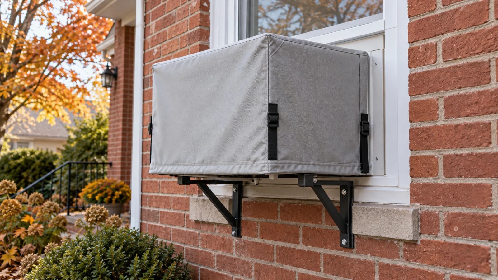 Light gray fitted cover secured over an exterior window air conditioner on a brick home in autumn