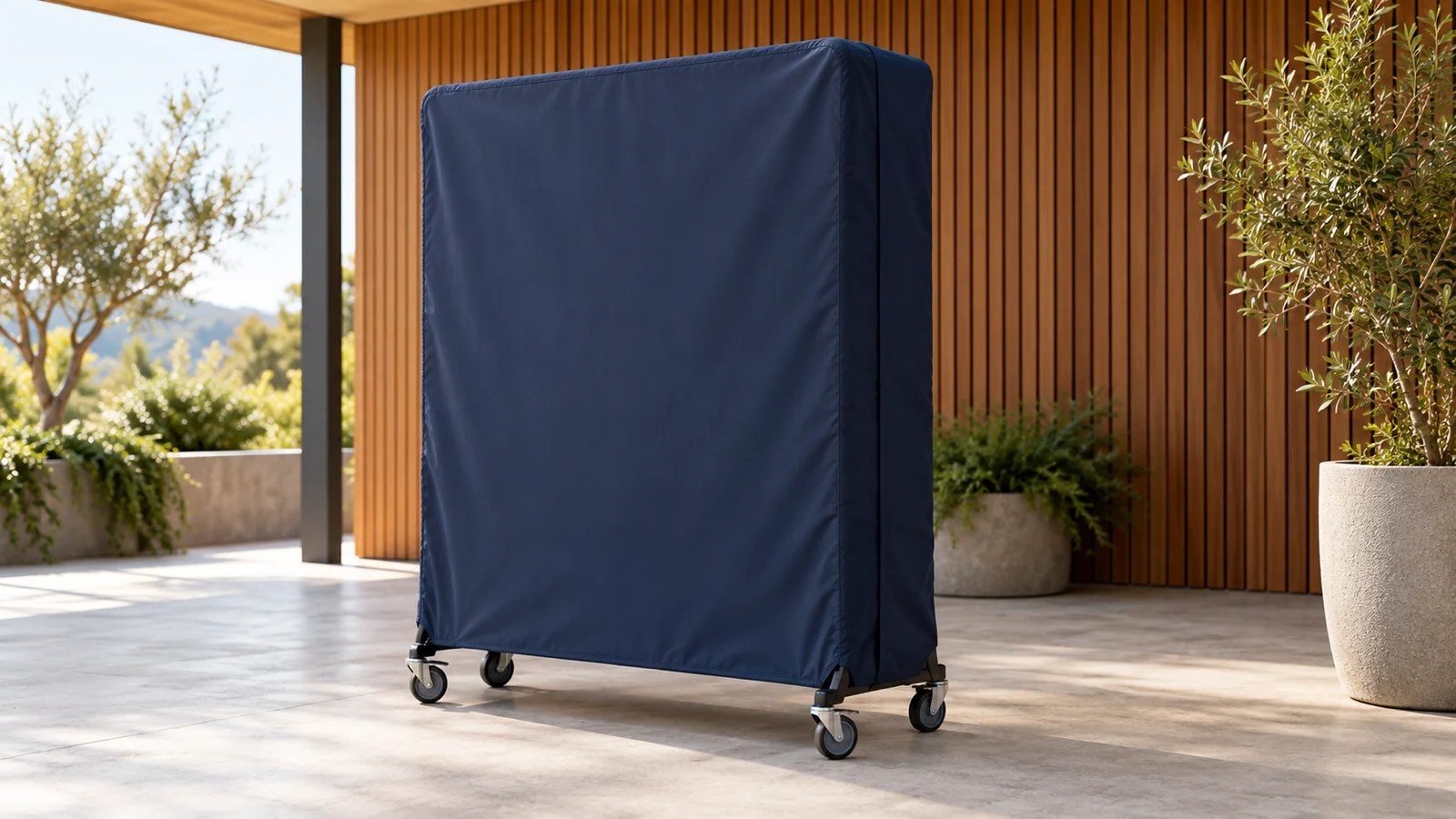 Deep navy fitted cover over a foldable ping pong table stored upright on casters beside a warm wood wall