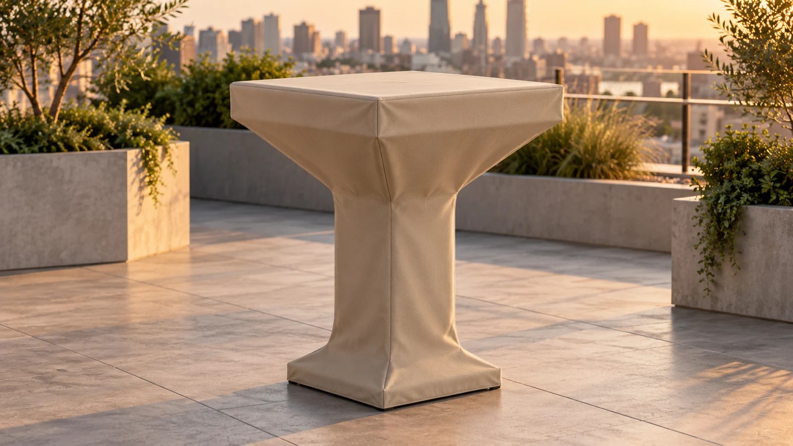 Sand fitted cover following the square top, narrow pedestal, and stable base of a modern bar-height patio table