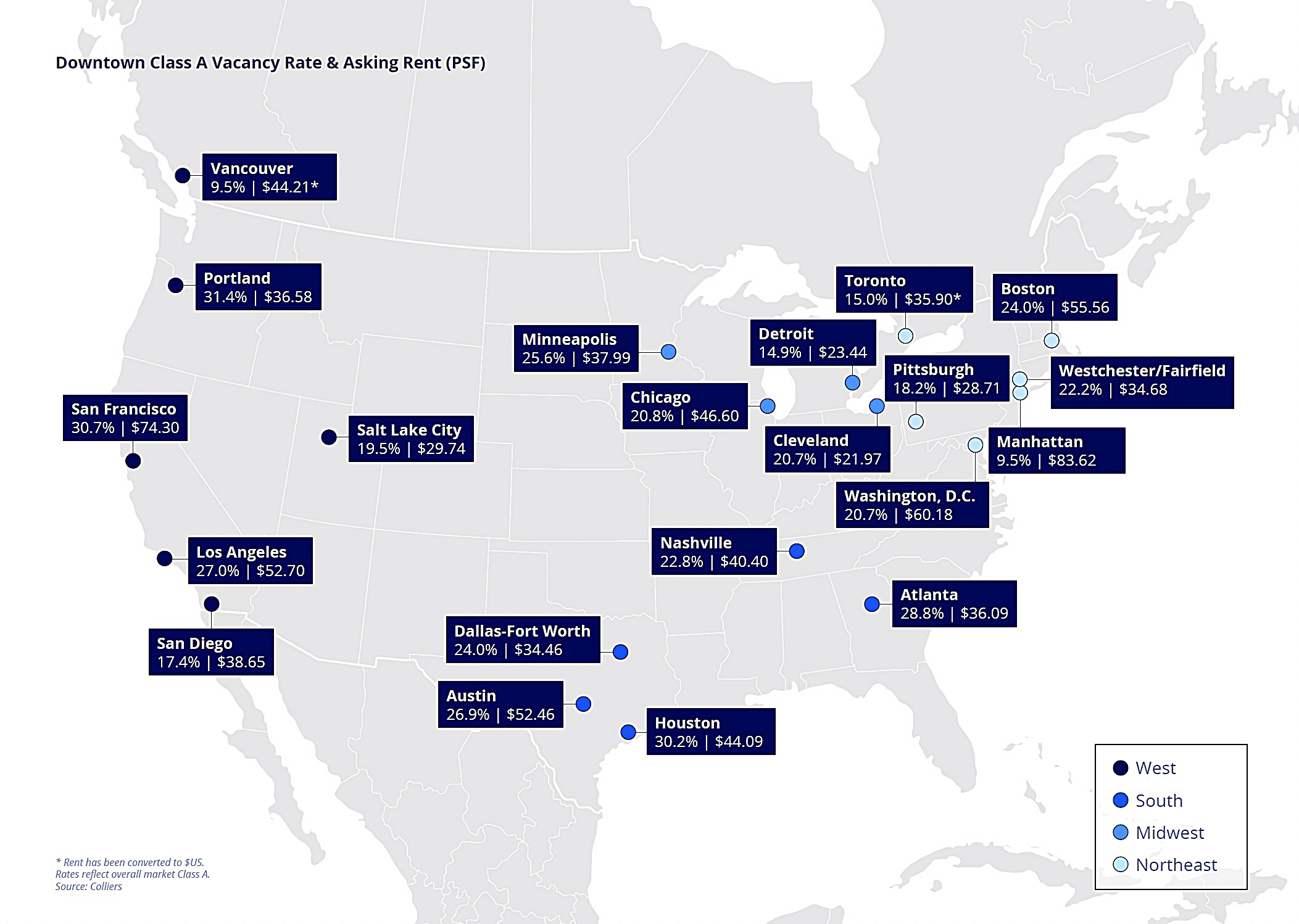 CBD Class A office rents in major North American cities