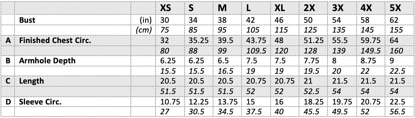 free crochet tee pattern sizing chart.