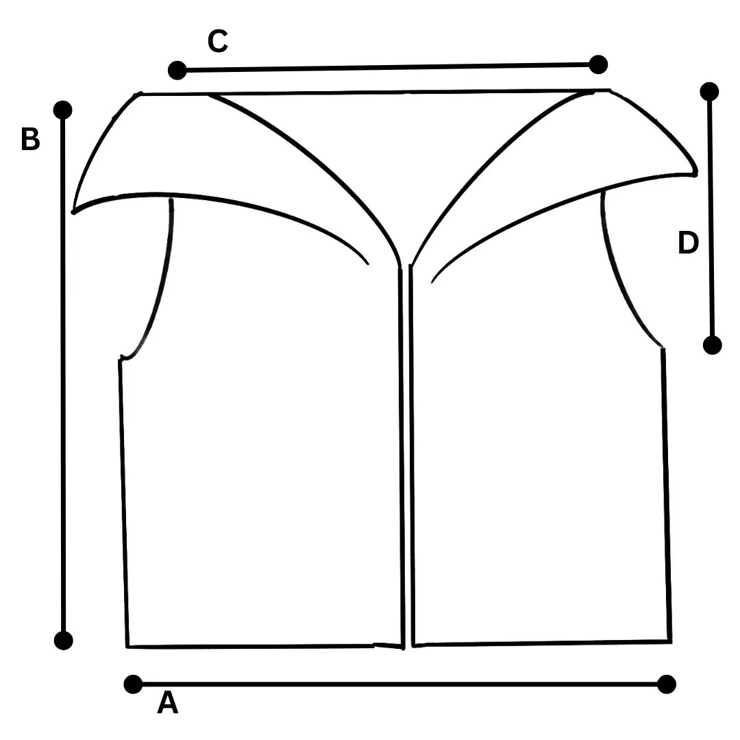 Drawn schematic showing the dimensions of the Cozy Collared Vest.