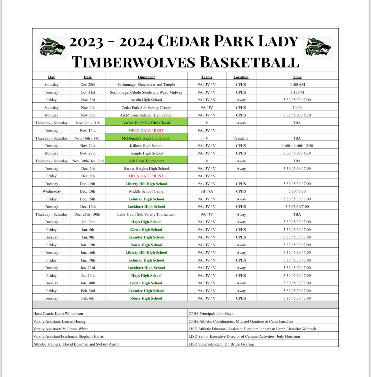 Schedule 2023 2024 Schedule 
