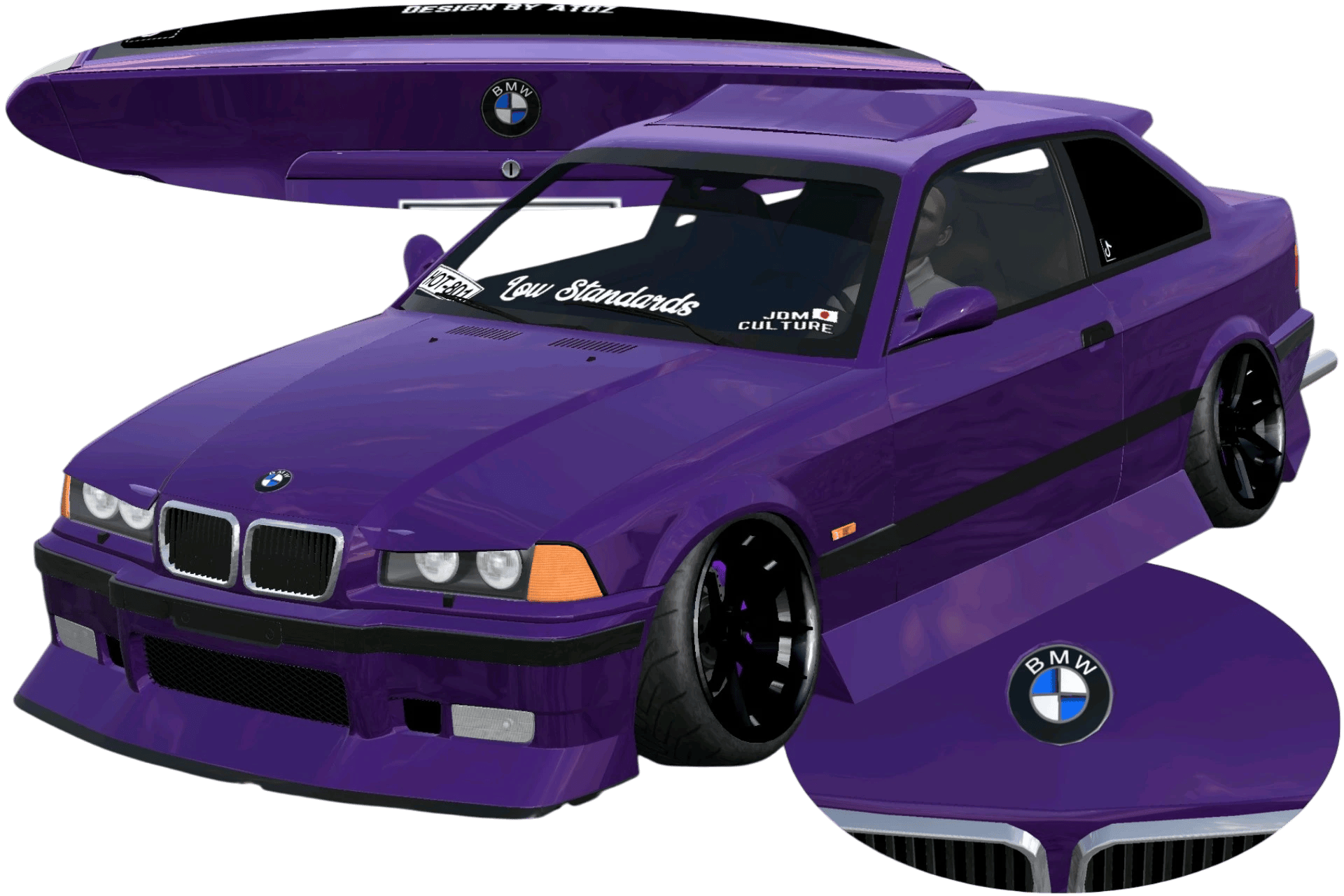 [747]BMW M3 E36Japanese Bosozoku style Front and Rear Badges Kit-style paint job Low-Stance Stance