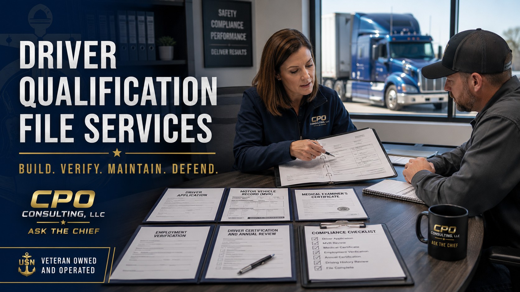 Transportation safety professional reviewing a Driver Qualification File with a fleet manager to improve DOT compliance and audit readiness.