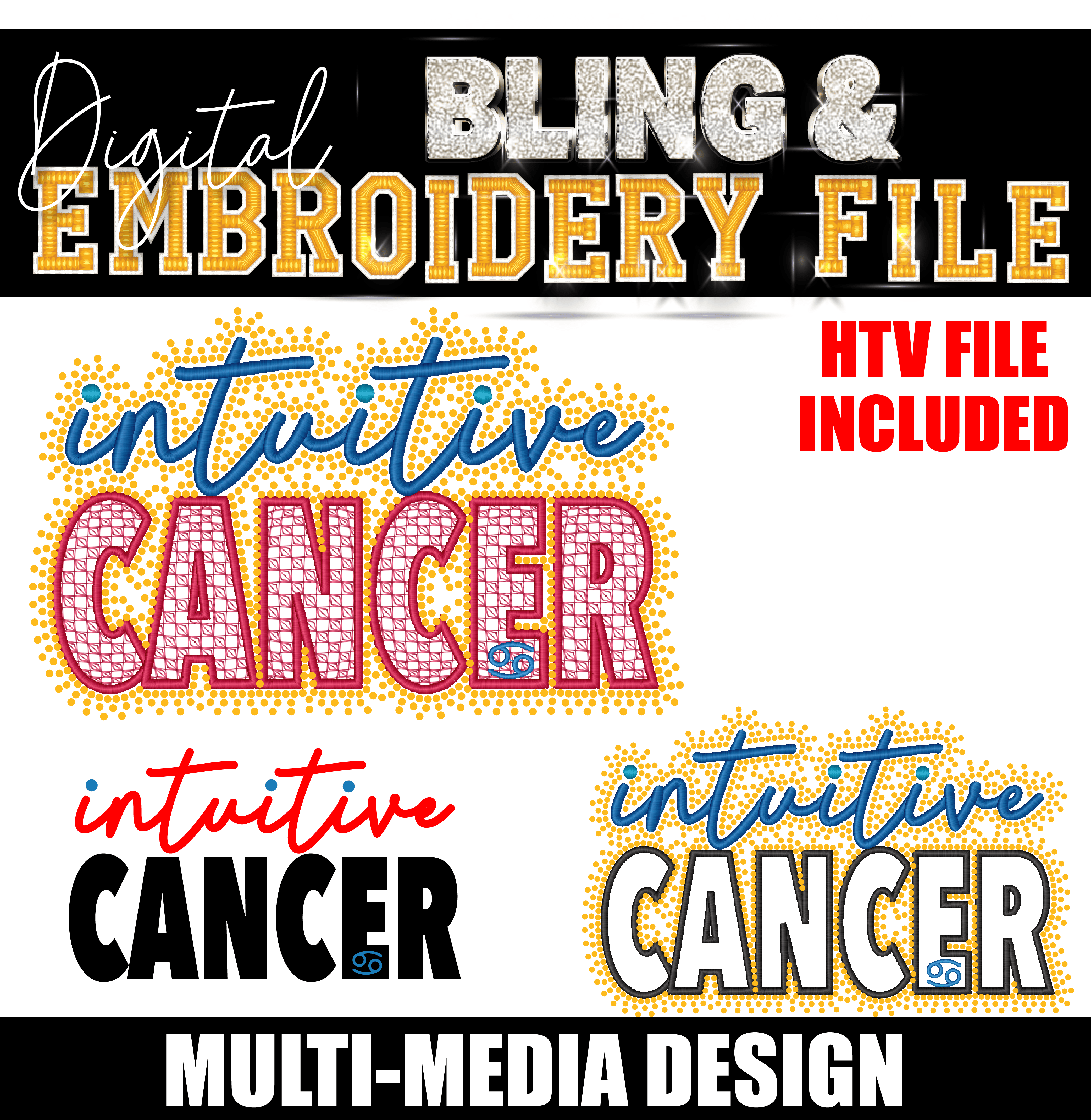 Intuitive Cancer | Digital Embroidery & Bling (SS10) Template | INCLUDES SVG FOR PRINT/CUT