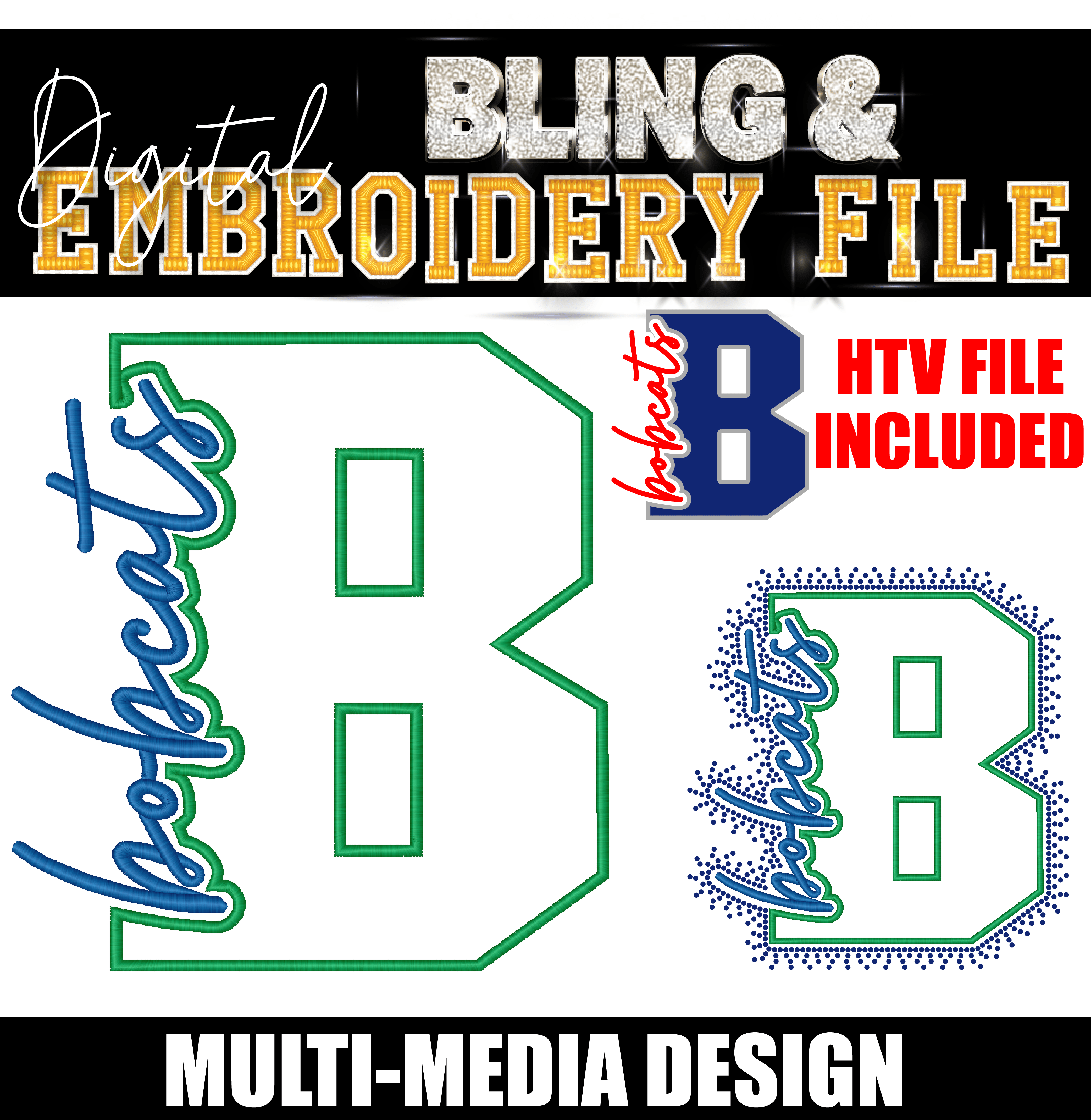 BOBCATS | Digital Embroidery & Bling (SS10) Template | INCLUDES SVG FOR PRINT/CUT