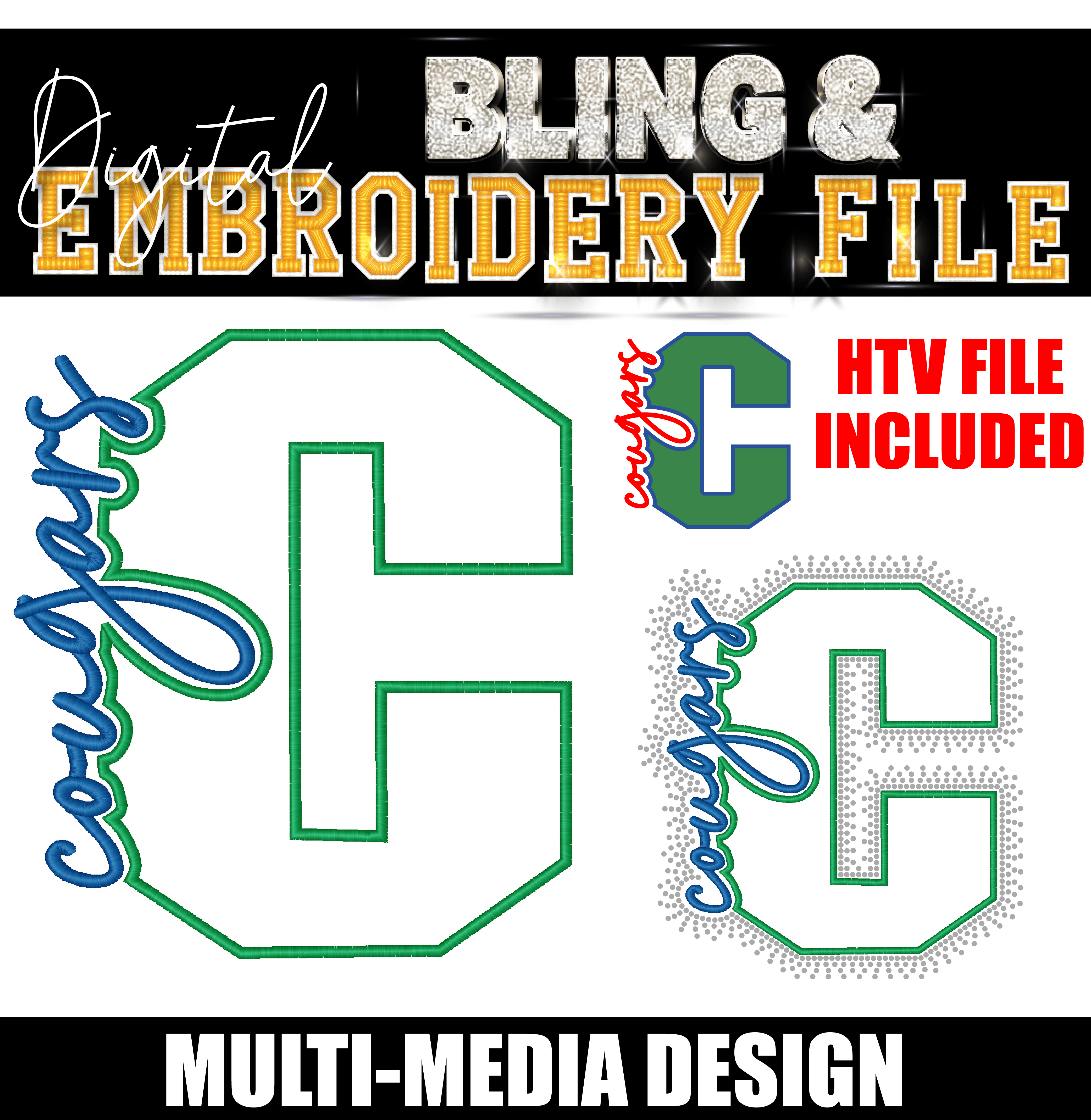 COUGARS | Digital Embroidery & Bling (SS10) Template | INCLUDES SVG FOR PRINT/CUT