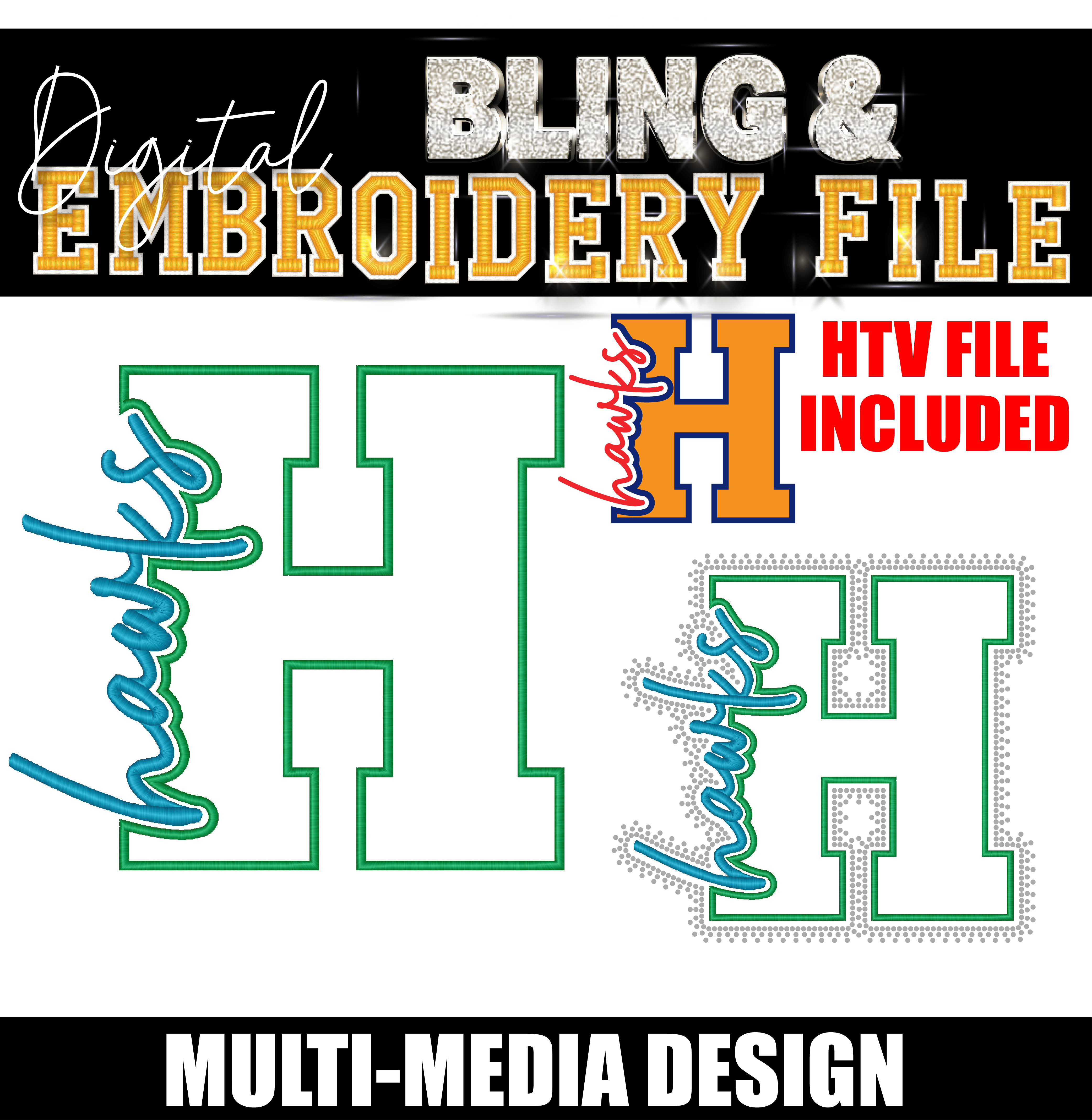 HAWKS | Digital Embroidery & Bling (SS10) Template | INCLUDES SVG FOR PRINT/CUT