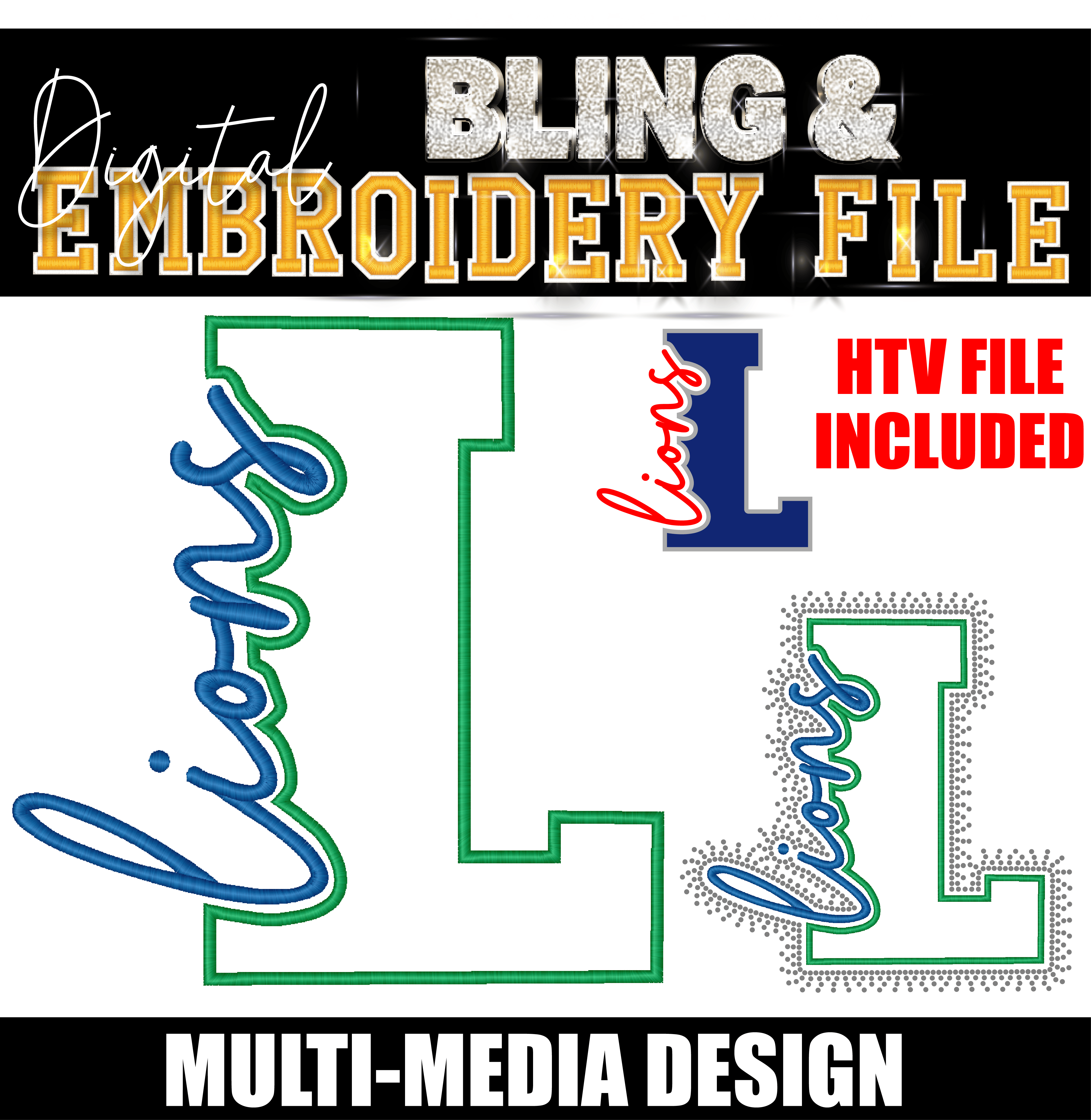 LIONS | Digital Embroidery & Bling (SS10) Template | INCLUDES SVG FOR PRINT/CUT