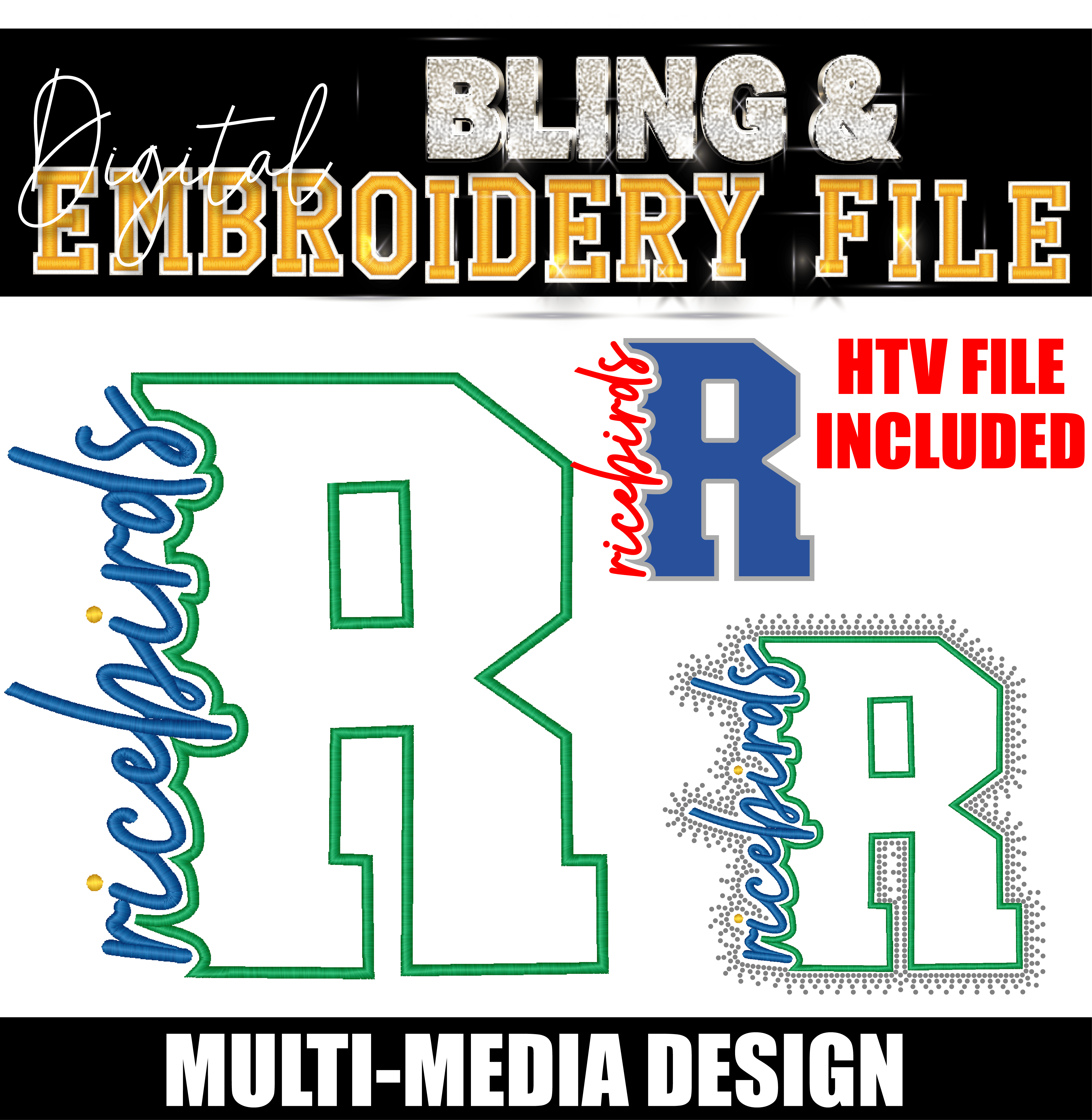 RICEBIRDS | Digital Embroidery & Bling (SS10) Template | INCLUDES SVG FOR PRINT/CUT