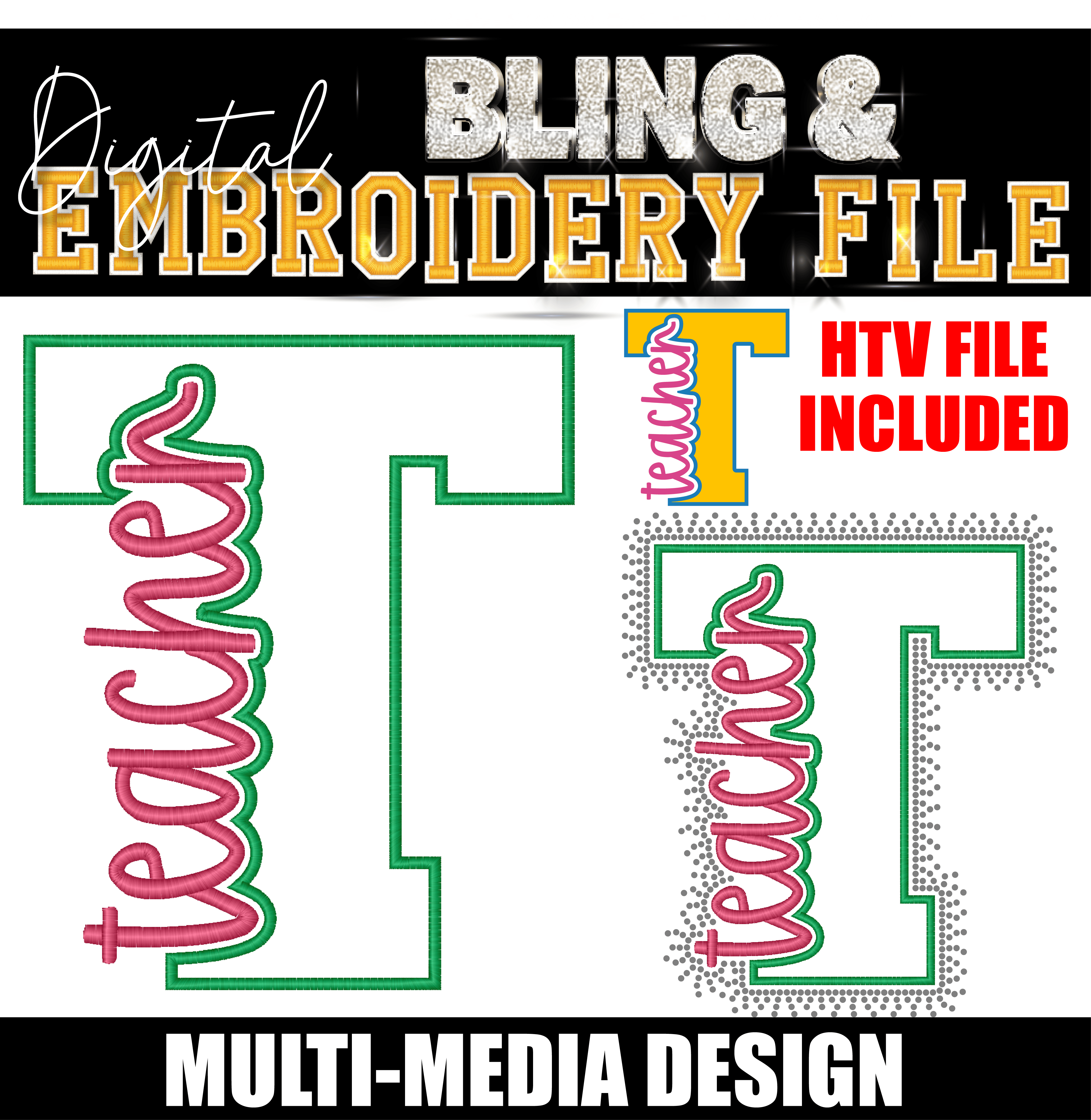 TEACHER | Digital Embroidery & Bling (SS10) Template | INCLUDES SVG FOR PRINT/CUT