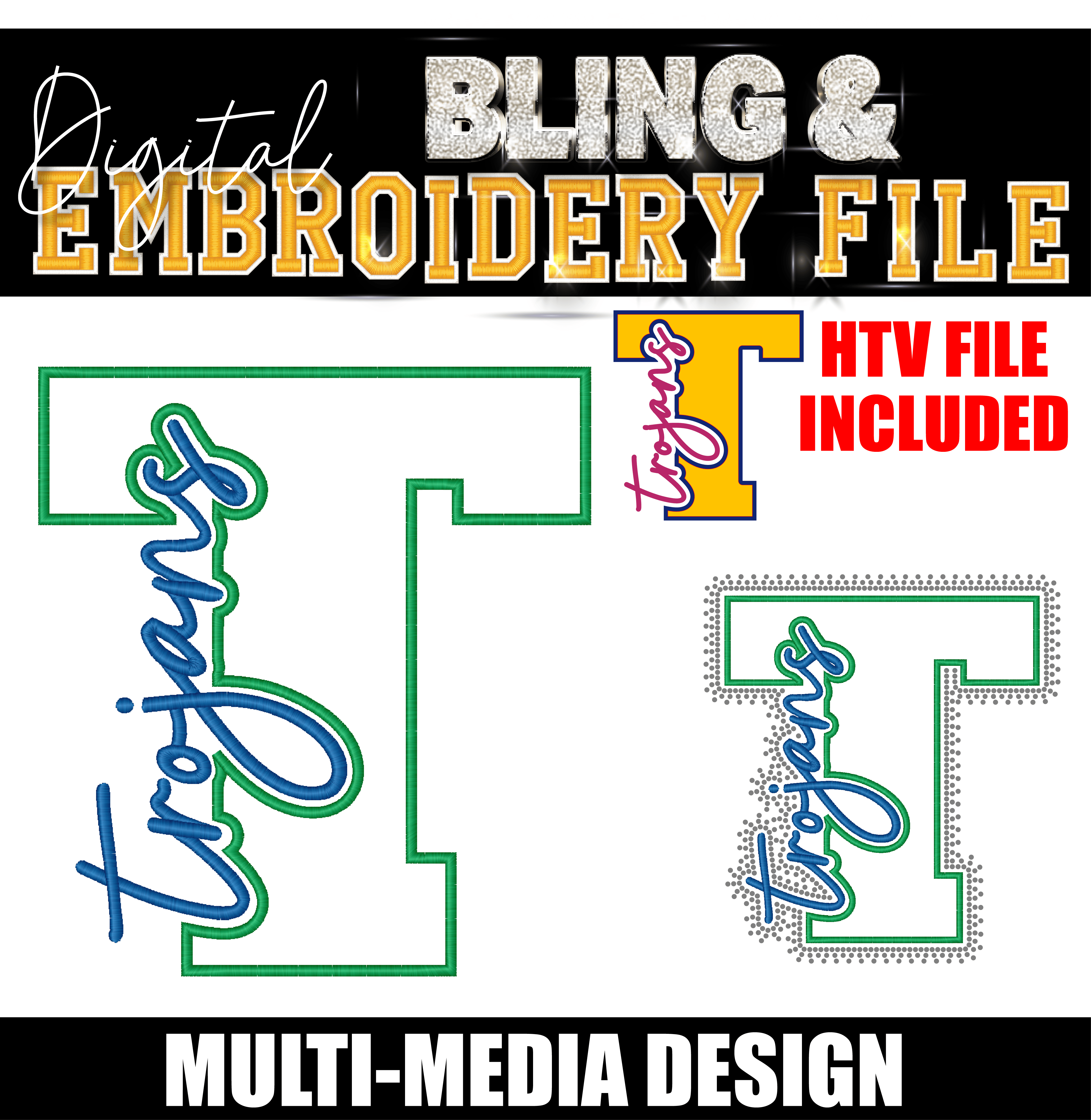 TROJANS | Digital Embroidery & Bling (SS10) Template | INCLUDES SVG FOR PRINT/CUT