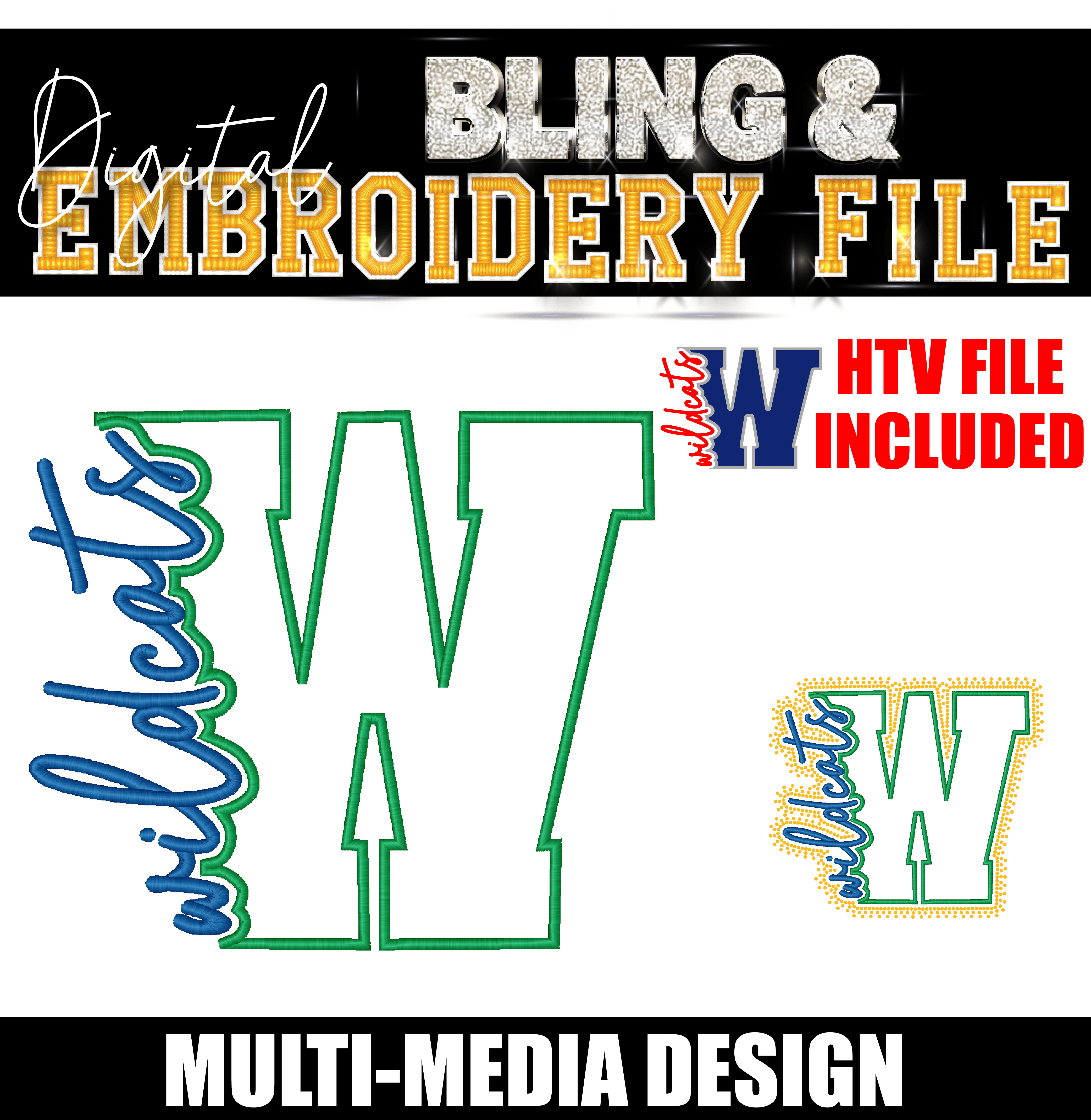 WILDCATS | Digital Embroidery & Bling (SS10) Template | INCLUDES SVG FOR PRINT/CUT
