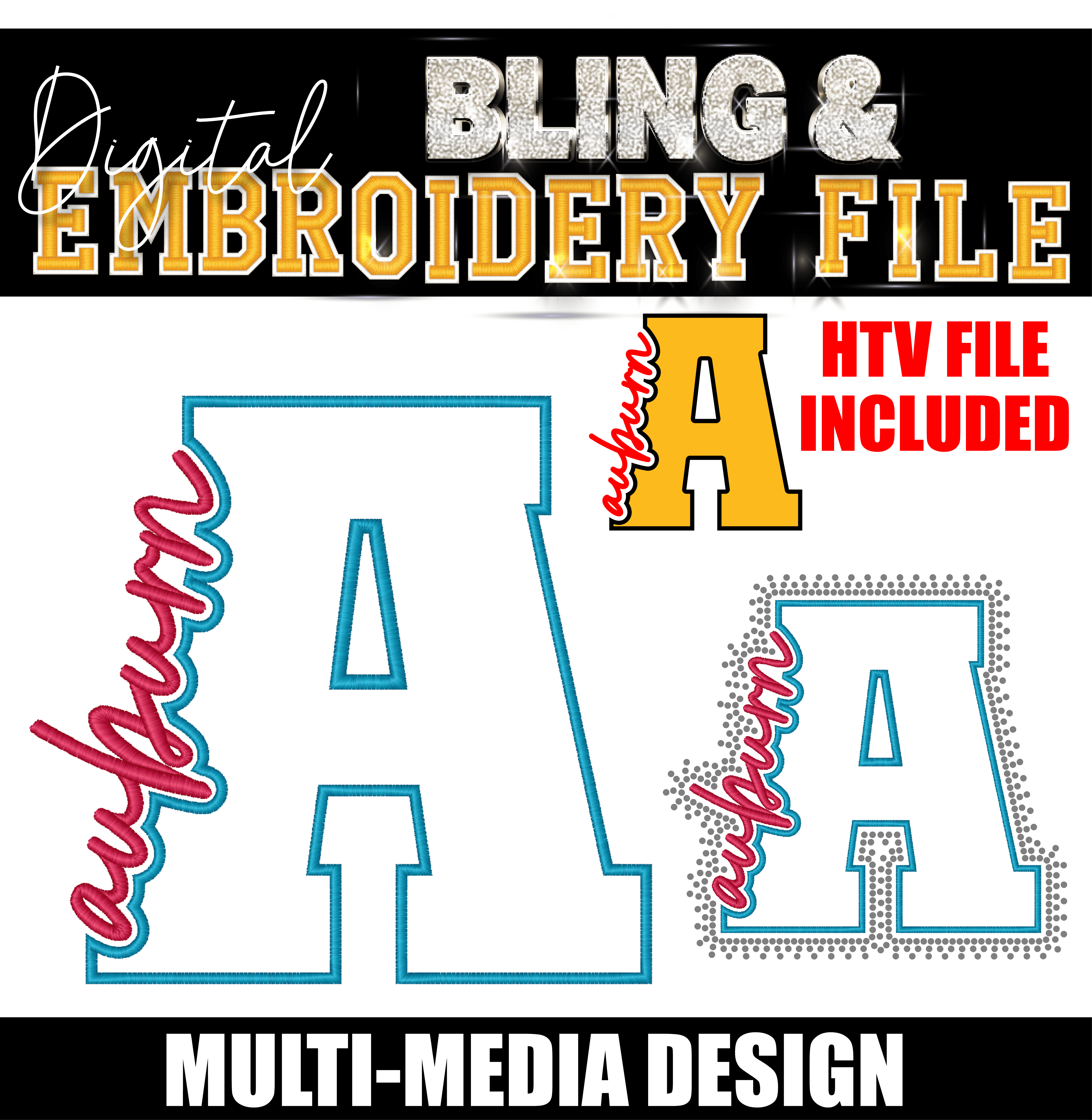 AUBURN | Digital Embroidery & Bling (SS10) Template | INCLUDES SVG FOR PRINT/CUT