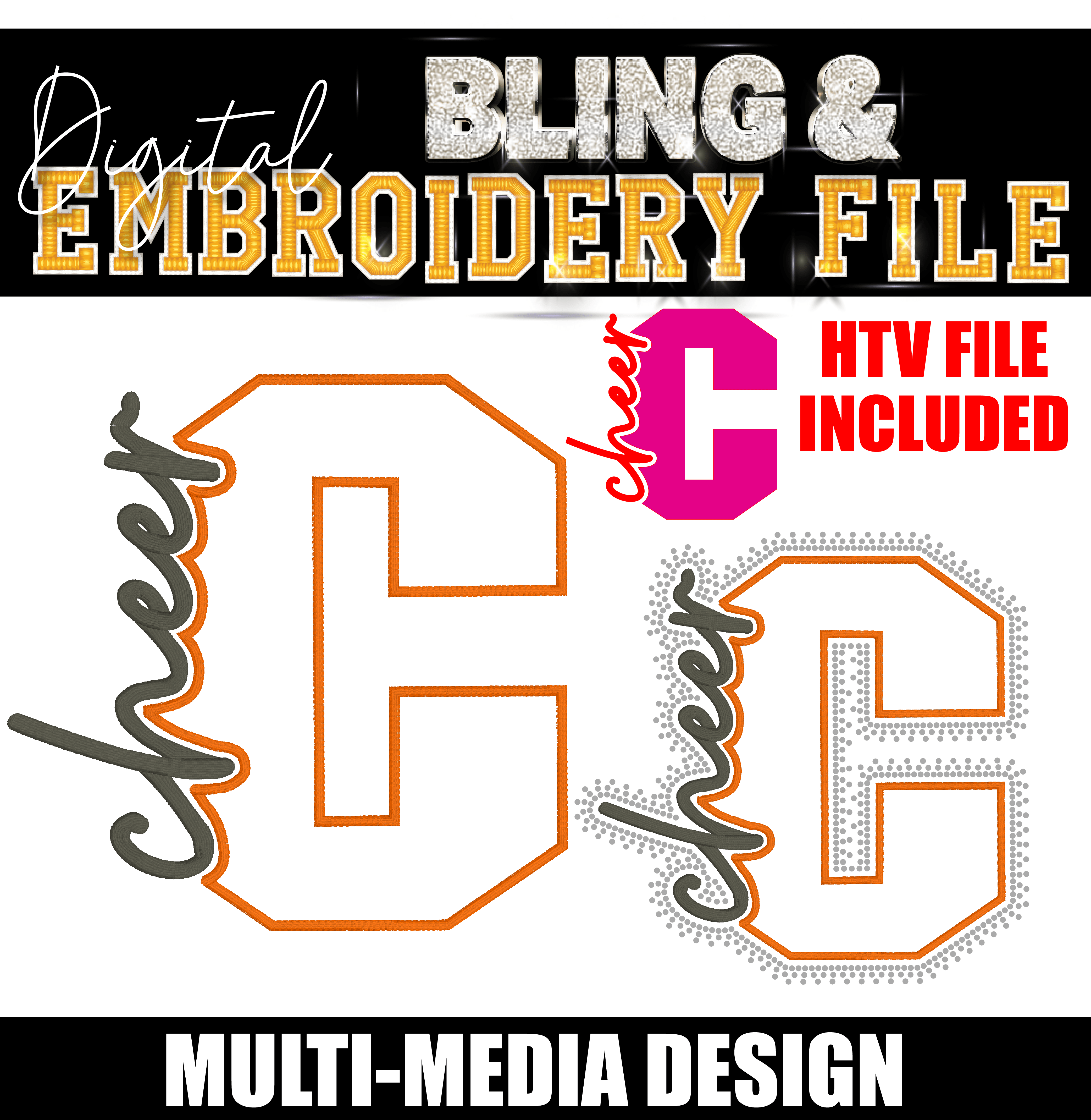 Cheer | Digital Embroidery & Bling (SS10) Template | INCLUDES SVG FOR PRINT/CUT