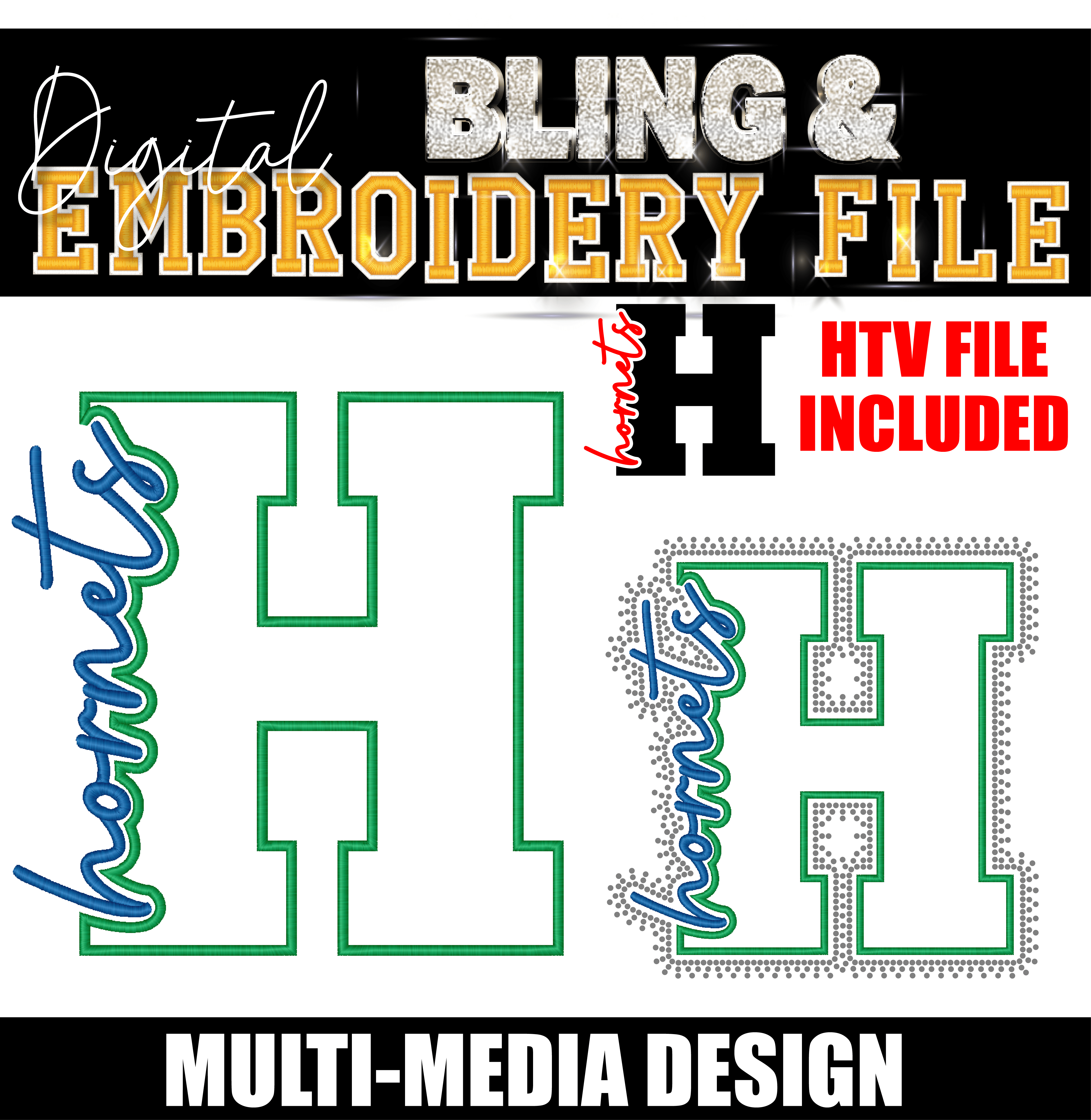 HORNETS H | Digital Embroidery & Bling (SS10) Template | INCLUDES SVG FOR PRINT/CUT