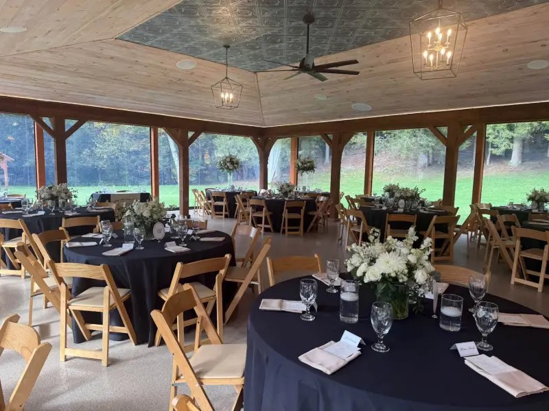 inside the pavilion decorated for a wedding