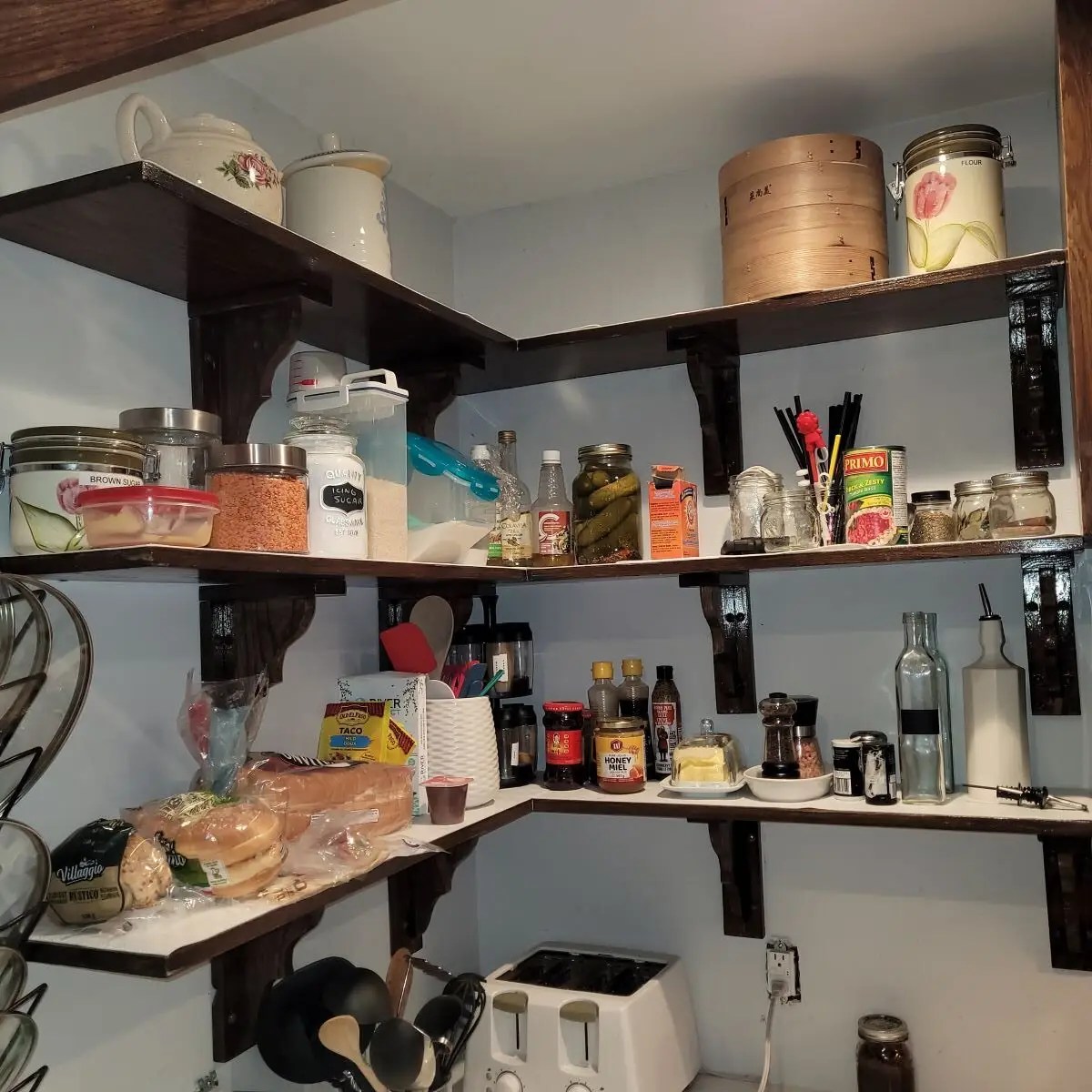 Oak Corner shelf stained dark walnut