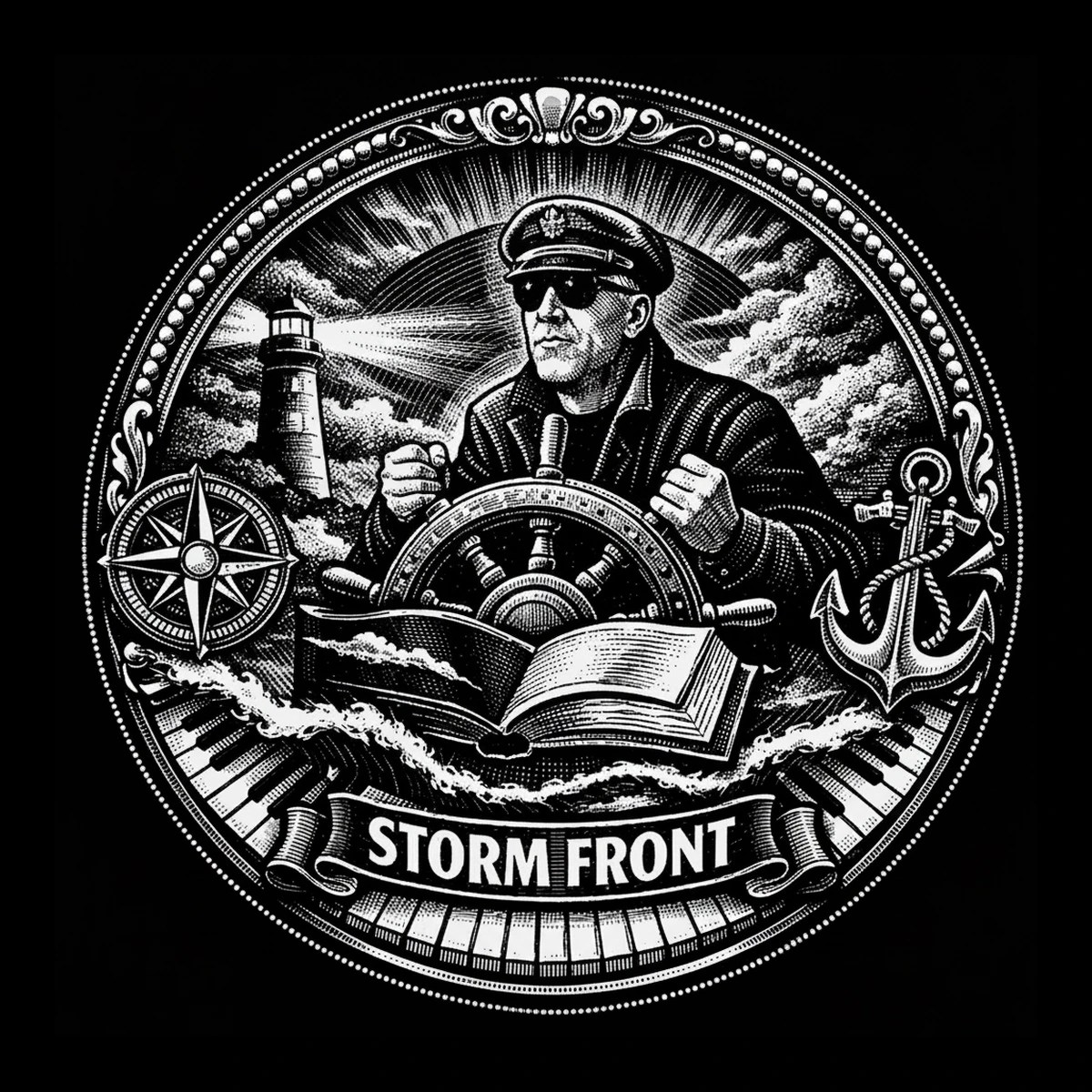 Circular black-and-white engraved emblem showing a captain in a peaked cap and sunglasses behind a ship's wheel, with an open book and breaking waves below, a compass and lighthouse to the left, an anchor with coiled.