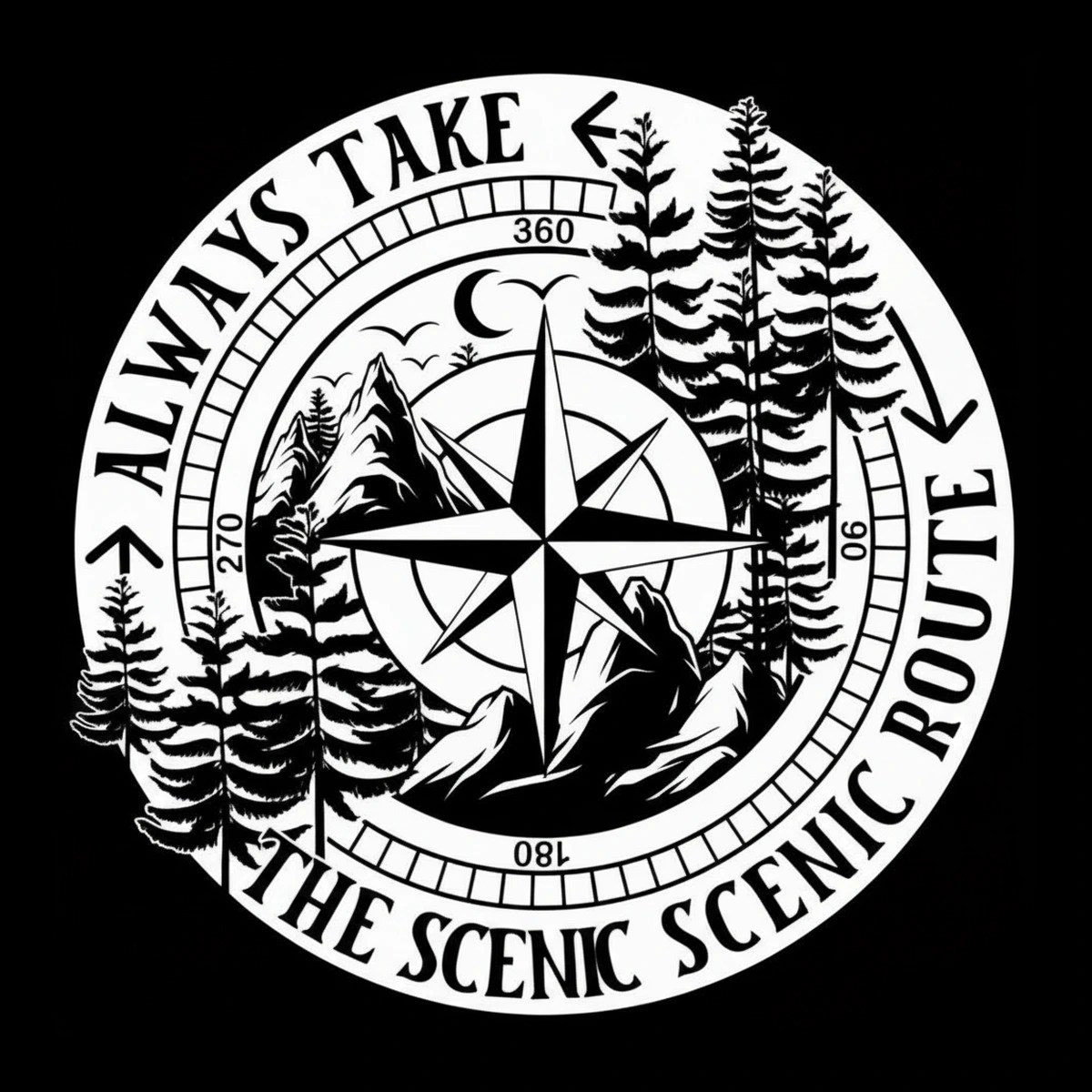 Front-facing circular black-and-white emblem with an eight-point compass rose at center, layered mountain peaks, tall pine silhouettes, a crescent moon and two bird V-shapes, and arced serif text around the outer band.