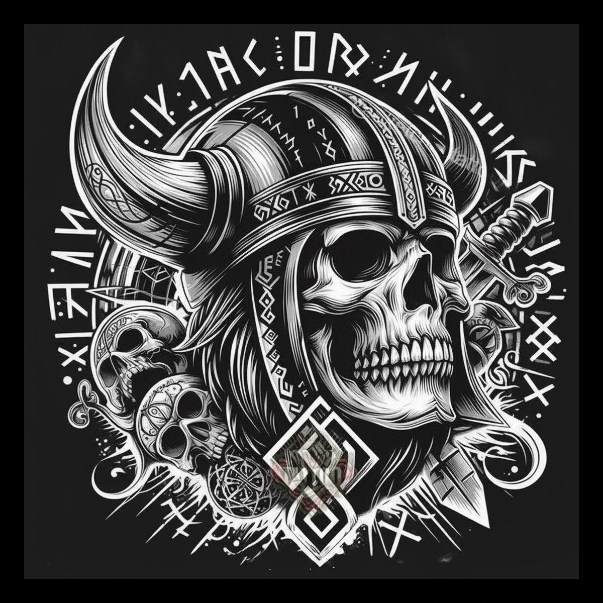 Black-and-white engraved-style illustration of a central human skull wearing a horned helmet with two smaller skulls lower-left, a geometric knot over the jaw, a radial interlaced medallion, a sword hilt at right.