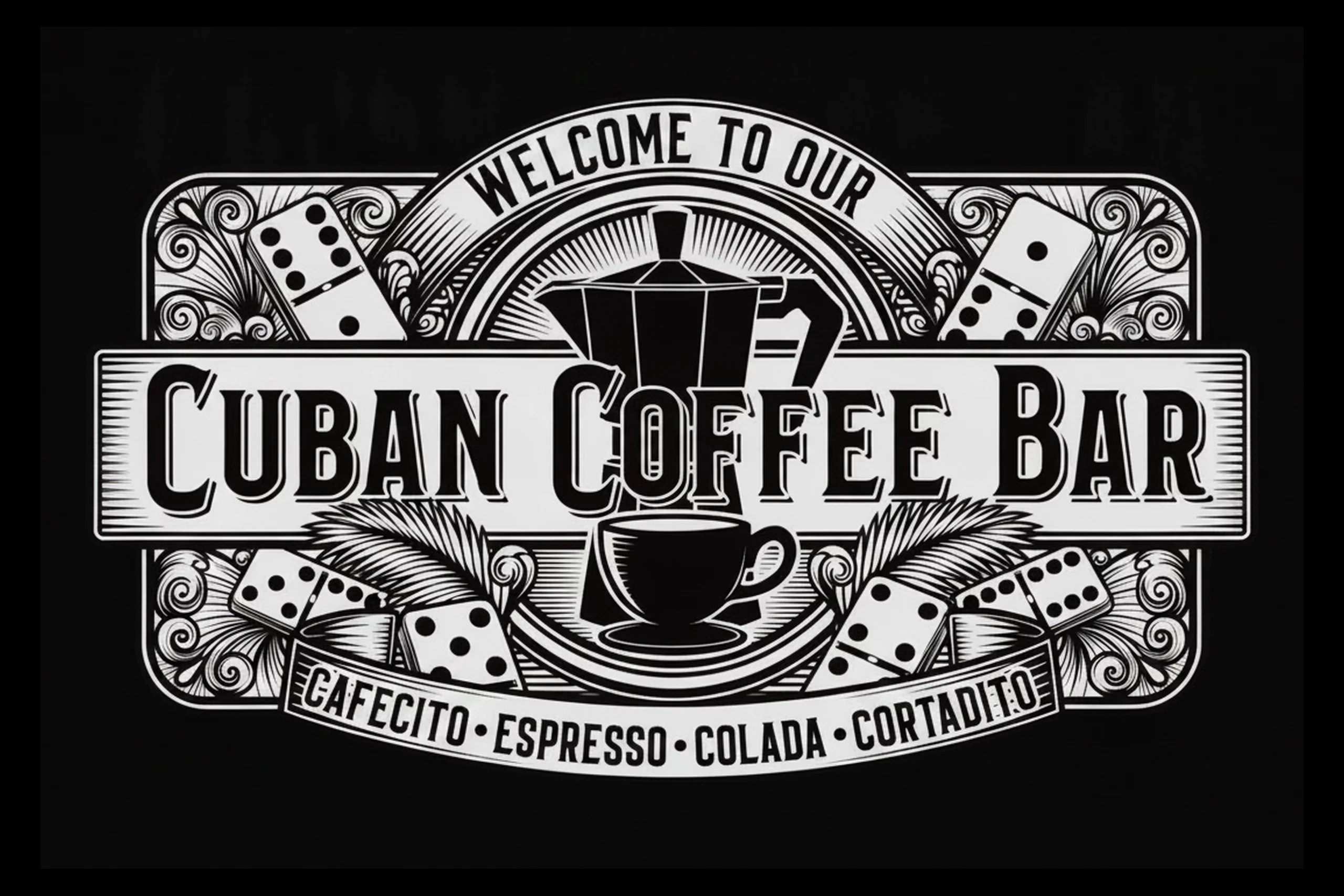 White-on-black Cuban Coffee Bar emblem with a centered moka pot and cup, six domino tiles, palm fronds, ornate corner panels, and a lower drink ribbon.
