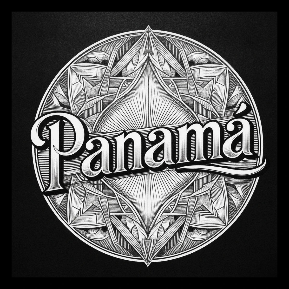 Square image with a centered circular emblem containing a vertical lozenge, four symmetrical quadrant ornaments, and the wordmark “Panamá” across the middle with a down-right drop shadow.