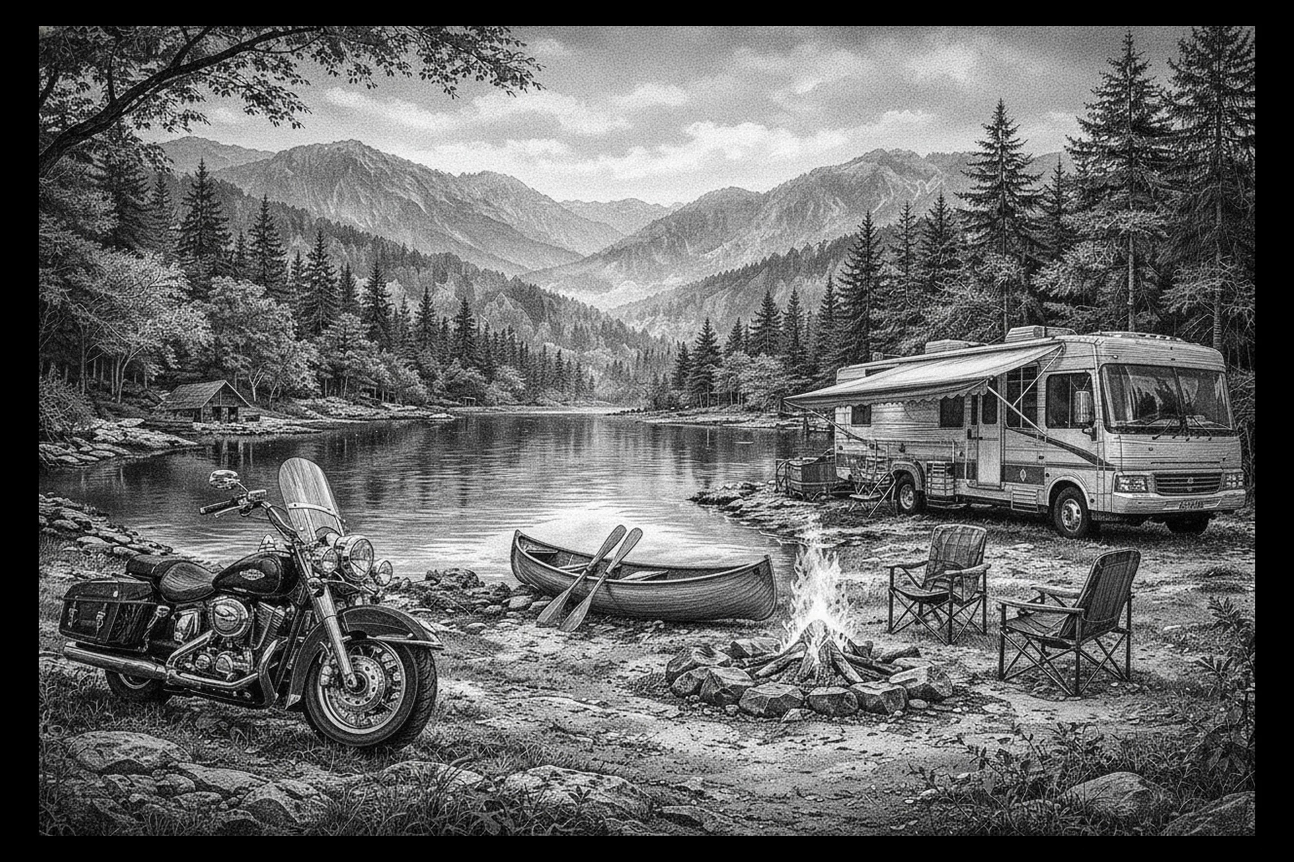 Black-and-white mountain lake campsite with a touring motorcycle at left, canoe and paddles near center, campfire and two chairs, and an RV at right.