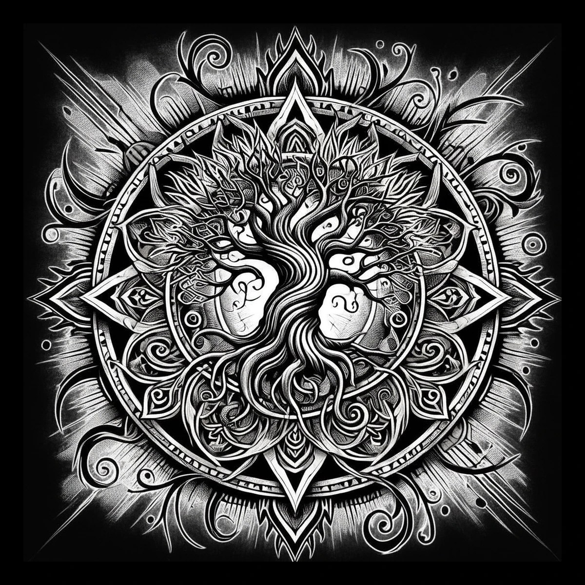 Square white-on-black mandala showing a central braided trunk with branching and rooting arms, surrounded by a decorative concentric ring with four diamond projections and radiating spikes, spirals and stippled halo.