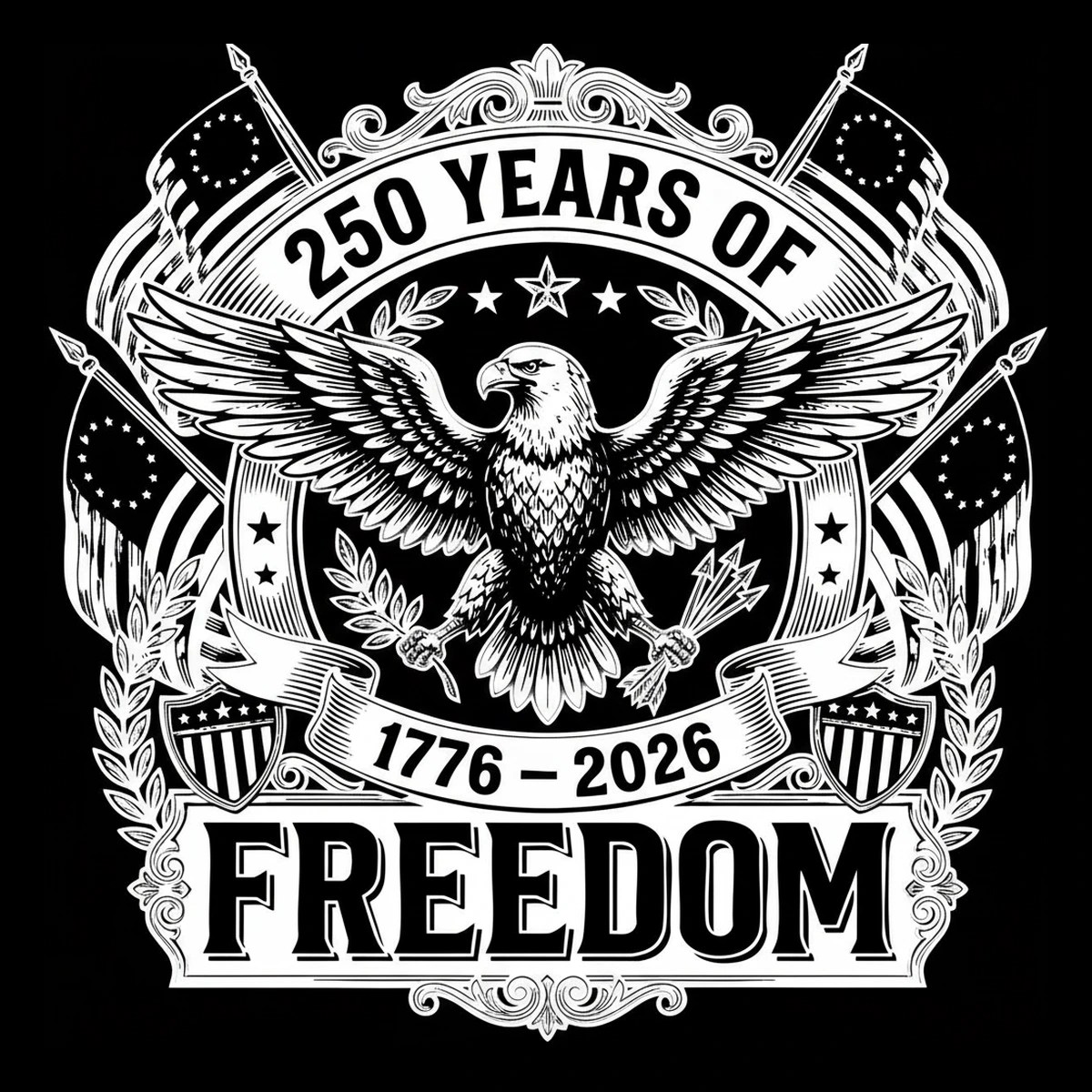 White engraved-style heraldic emblem on black: a centered spread-wing eagle over a dark circular medallion, arched text '250 YEARS OF' above, ribbon '1776 - 2026' below the eagle, and the word 'FREEDOM' at the base.