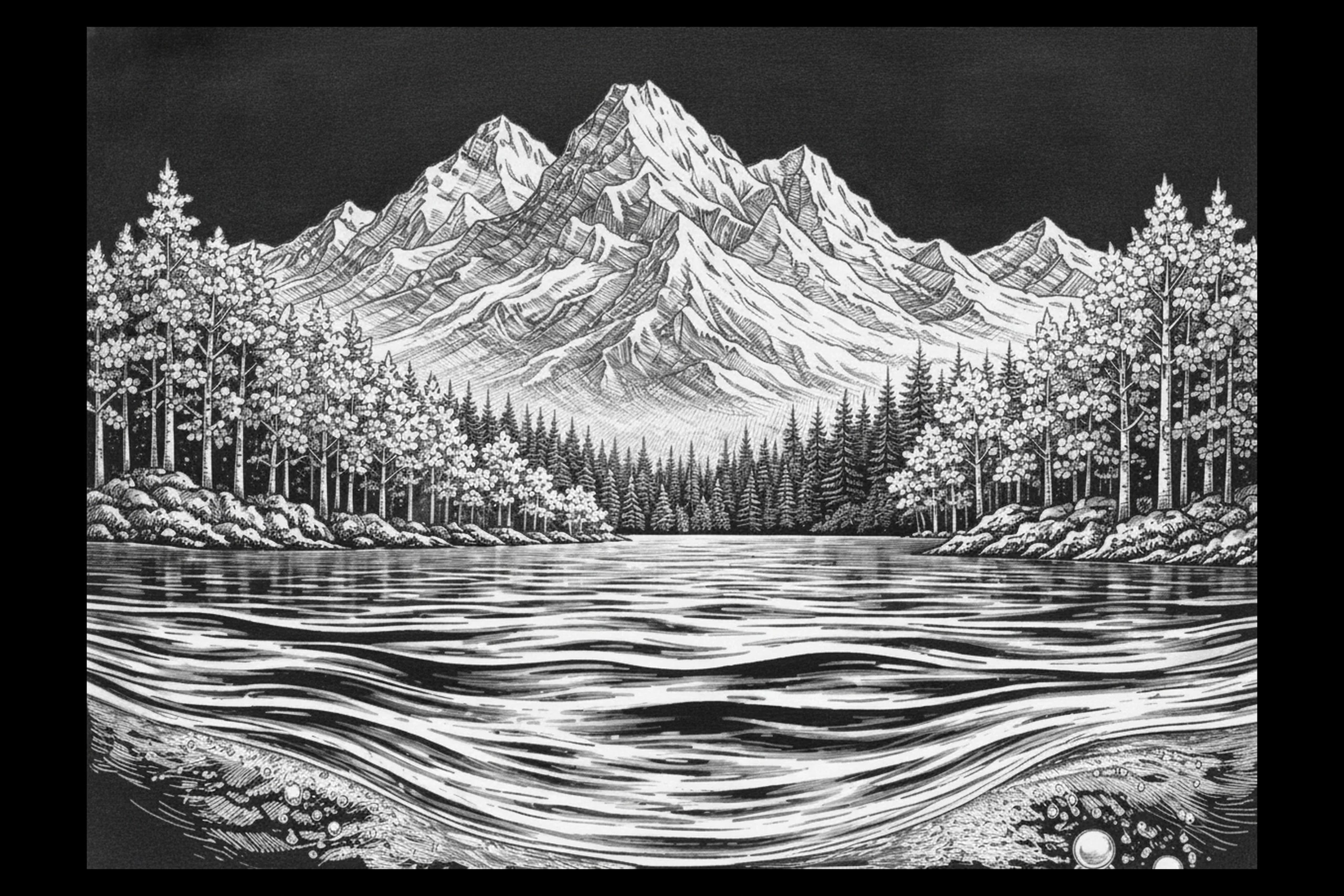 Black-and-white landscape of rippled lake water framed by rocky tree-lined shores with a dense conifer band and layered mountain peaks beyond.