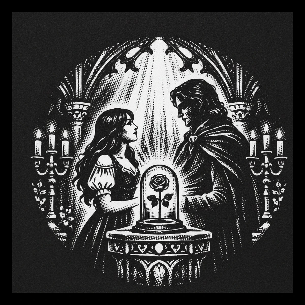 High-contrast black-and-white engraving of a rose under a glass dome on an ornate pedestal, centered between two humanlike figures and framed by a radiating gothic arch with candelabra.