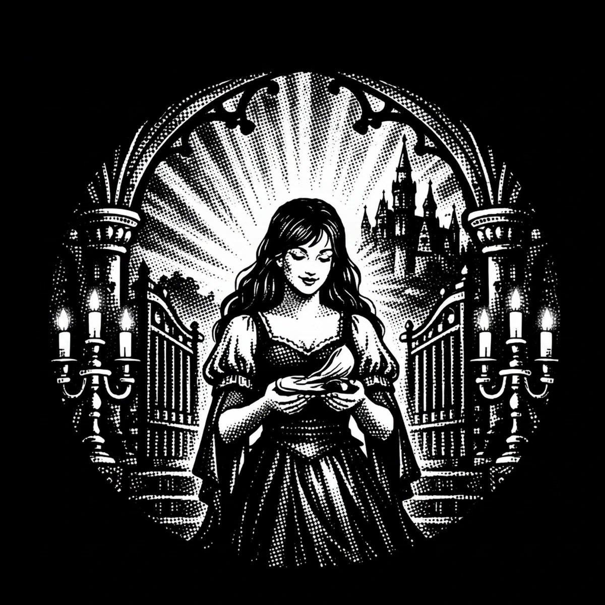Black-and-white engraved-style circular scene of a woman in a period dress standing centered beneath an ornate arch, cupping a small bright curved object in her hands with radial sunburst rays behind her head, flanked.