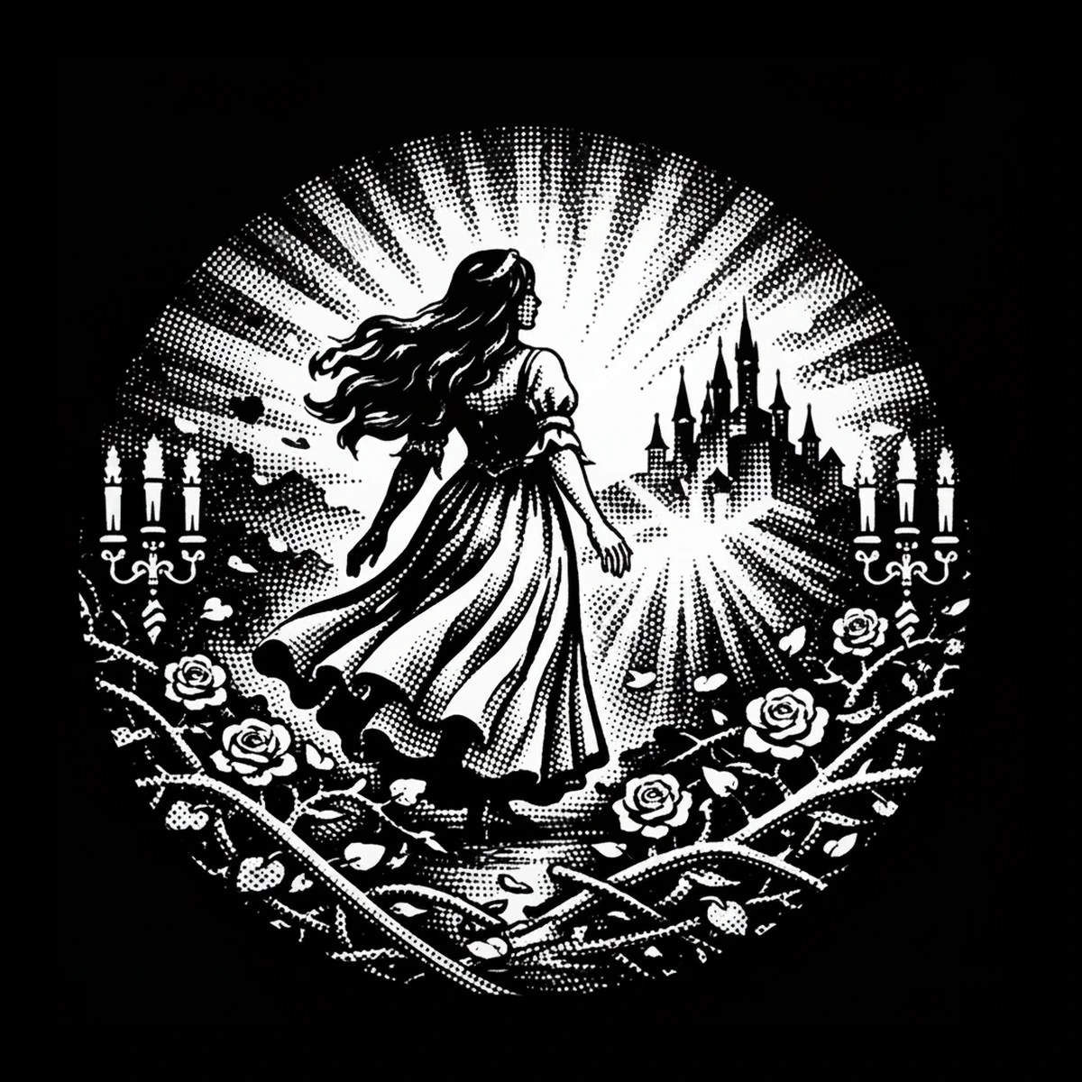 Black-and-white circular illustration of a rear-view human figure in a long dress standing before a radiant castle; sunburst rays behind the castle, candelabra on either side, and roses and thorned vines in the.