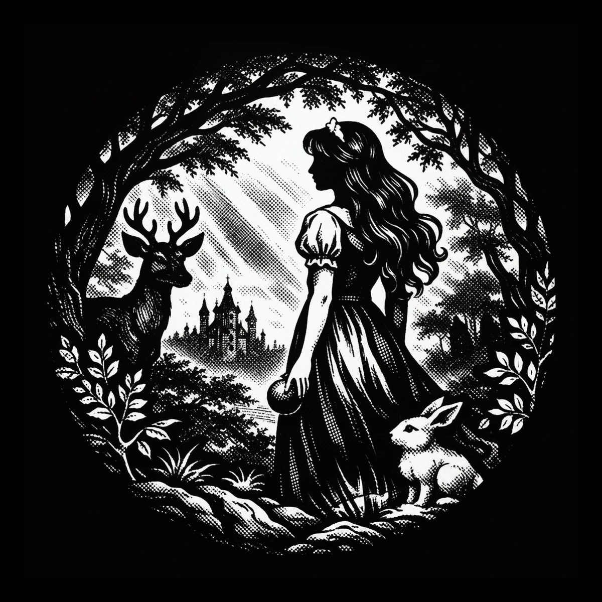 Circular black-and-white illustration of a woman in profile holding a round orb, standing on rocky ground beneath arching trees; a stag stands left and a rabbit sits at her skirt with a distant castle silhouette in the.