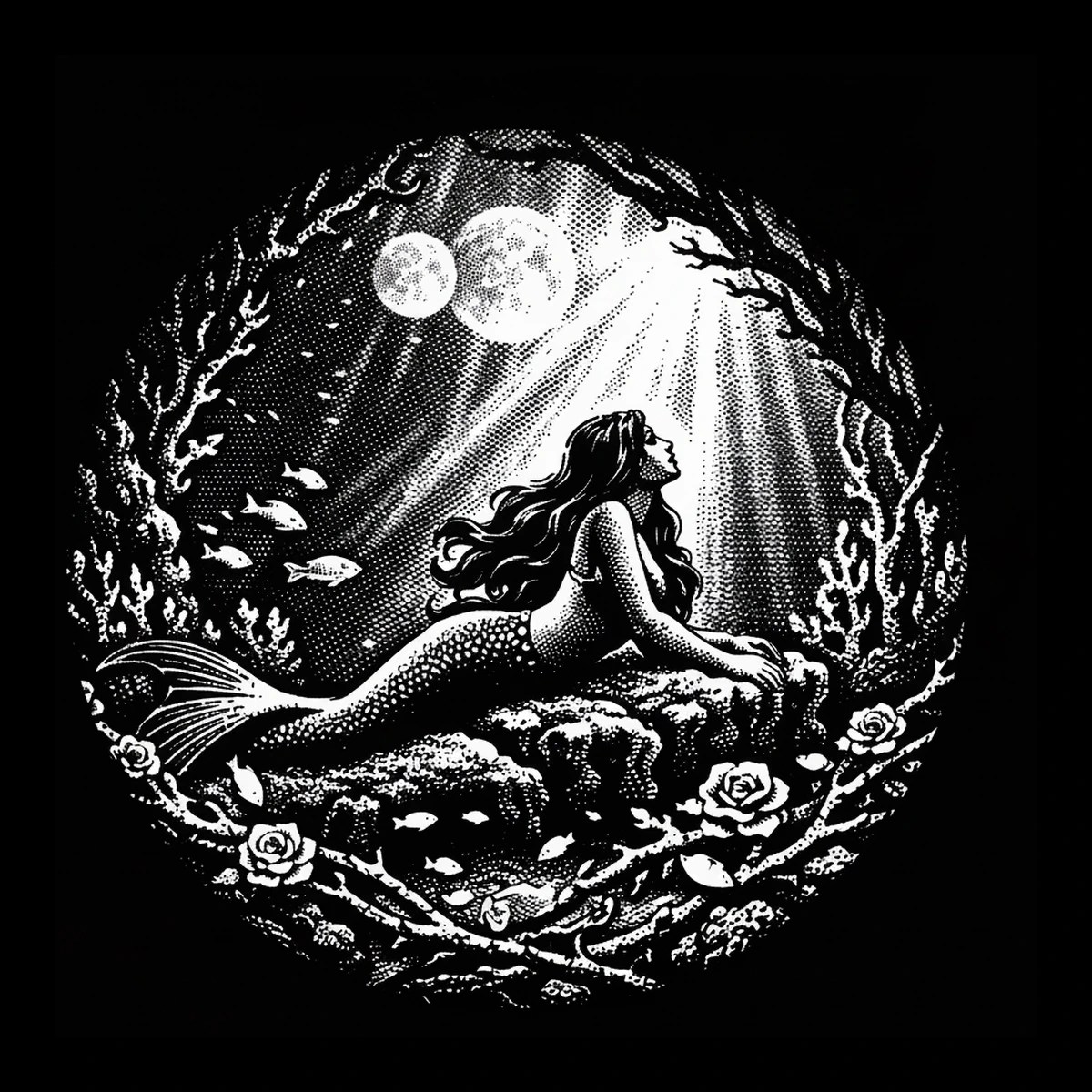 Monochrome circular illustration of a reclining mermaid on a rock, bathed in a diagonal beam of light with two round luminous discs above and a wreath of coral and three roses around the rim.