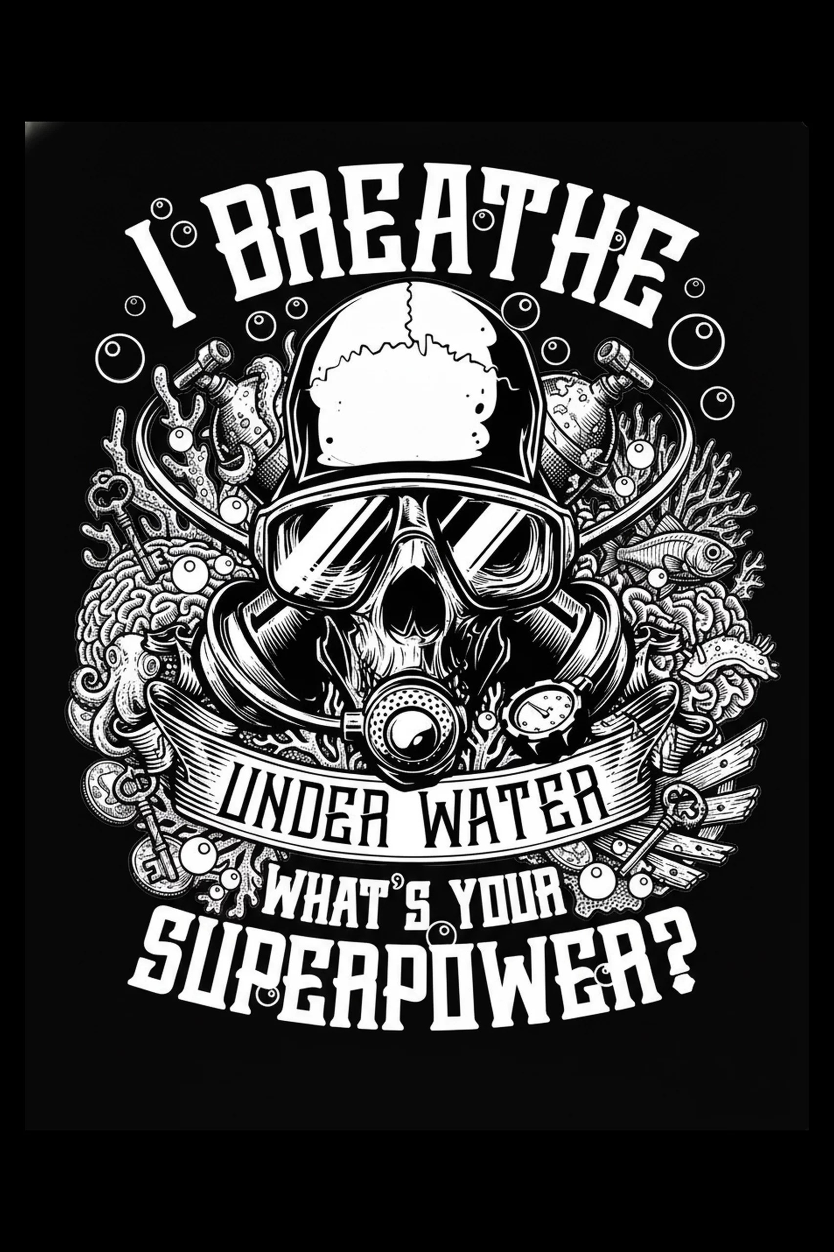 Black-and-white illustration of a frontal skull wearing a diving helmet and goggles with a circular regulator, surrounded by paired tanks, coral, tentacles, mechanical parts and a ribbon banner reading 'UNDER WATER'.