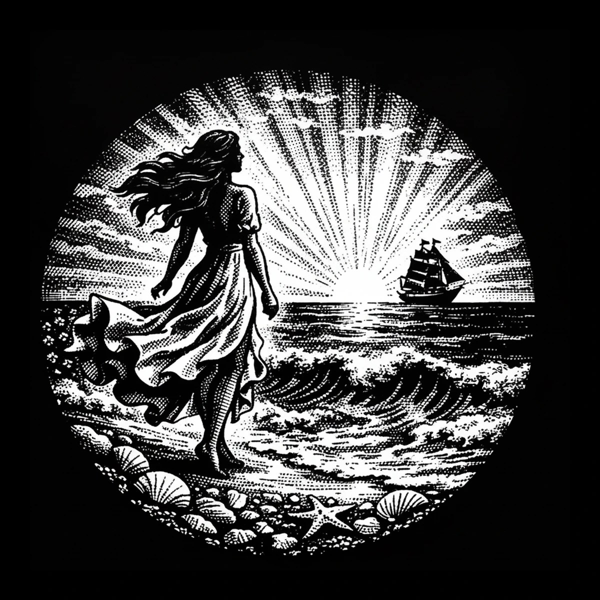 Black-and-white circular engraving of a woman standing barefoot on a pebbled shore, backlit by a bright sunburst at the horizon with a small sailing ship in silhouette and shells and a starfish in the foreground.