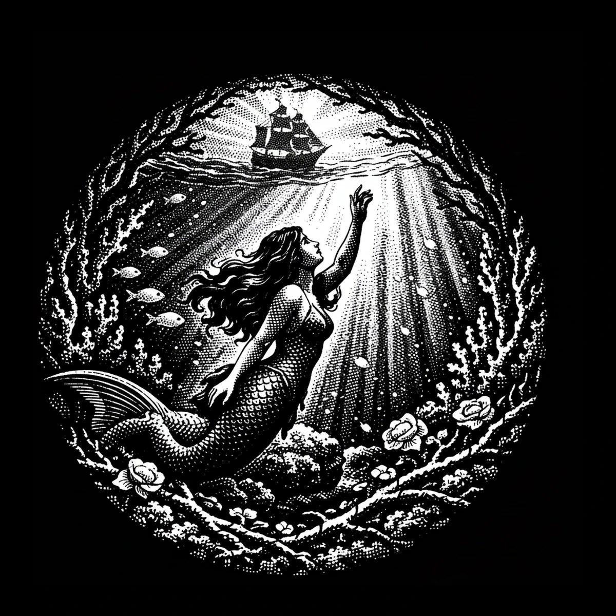 Circular monochrome illustration of a mermaid-like figure reaching upward toward a silhouetted sailing ship at the waterline, surrounded by seaweed, coral blooms and small fish with stippled light beams.