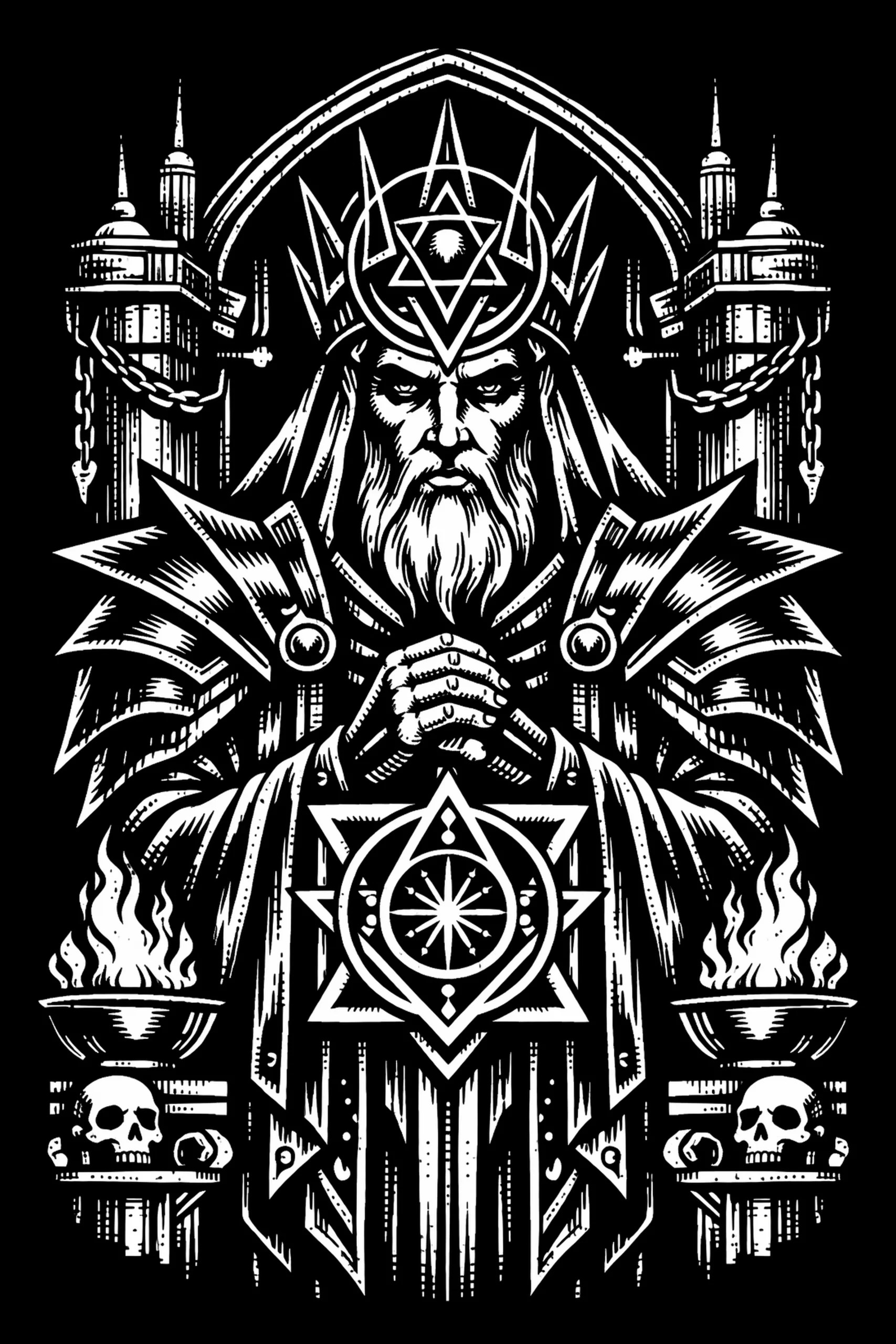 High-contrast white-on-black illustration of a frontal bearded figure wearing a multi-pointed crown beneath a pointed arch; hands clasp a large geometric emblem on the chest, flanked by towers with hanging chains and.