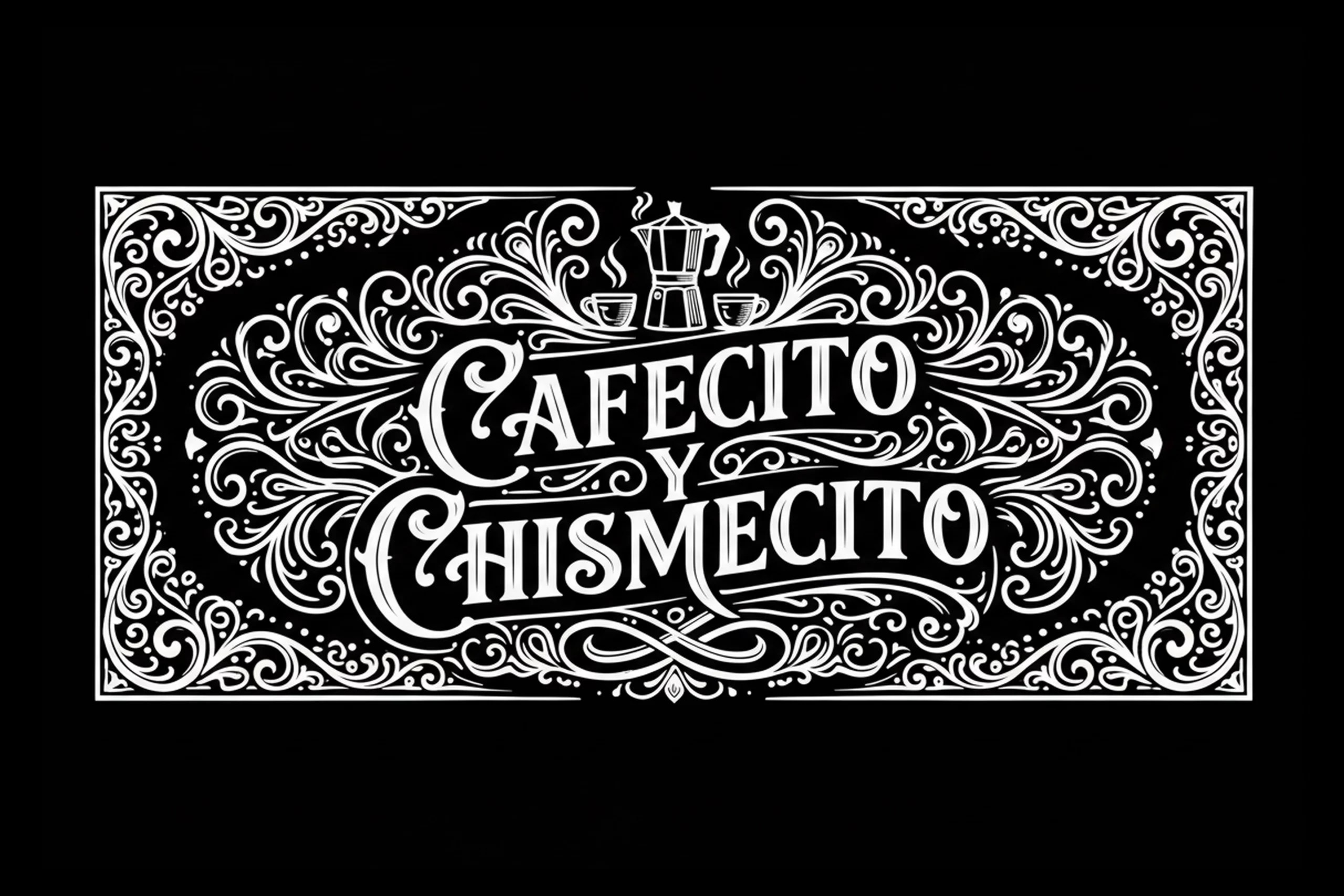 White-on-black framed design reading CAFECITO Y CHISMECITO with a moka pot and two steaming cups above dense mirrored ornamental scrollwork.