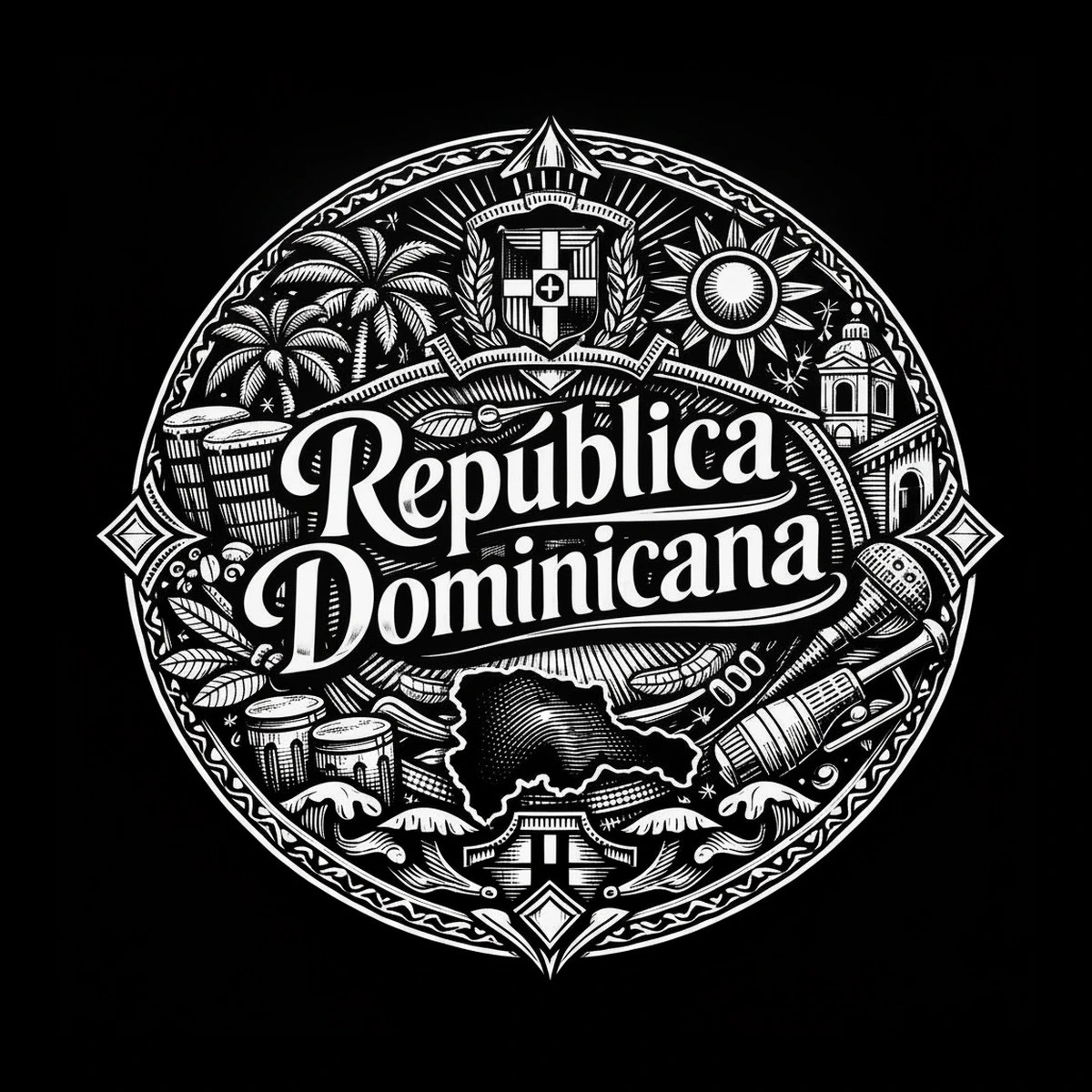Circular white-line medallion on black background with central two-line script reading 'República Dominicana,' an island silhouette below, sun and palm motifs above, drums on the left, a bell tower and microphone on the.