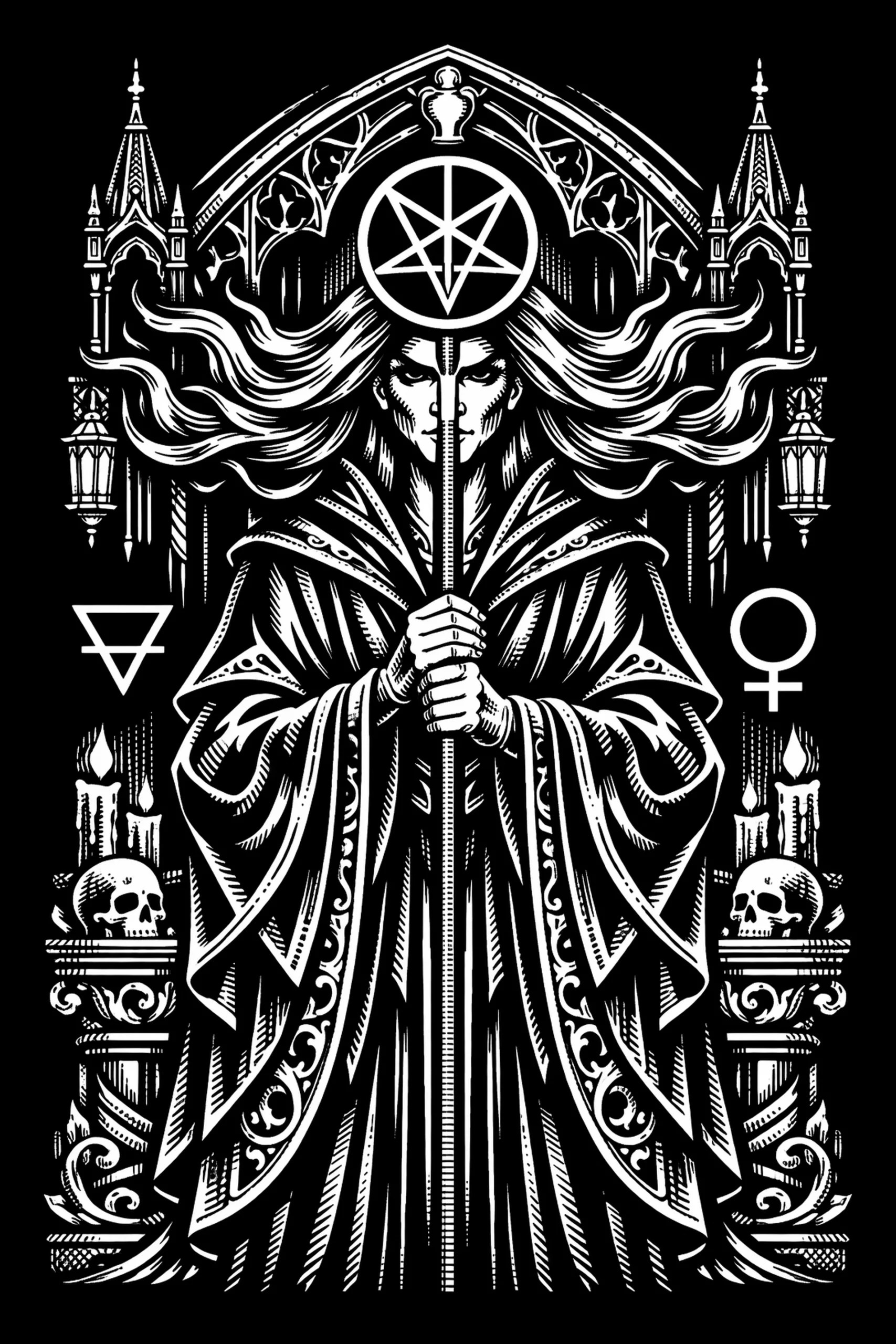 Tall robed figure facing forward, centered and gripping a vertical staff; gothic pointed arch with tracery and spires frames the head, a circular disk with an interlaced five-pointed star sits above, long hair fans.
