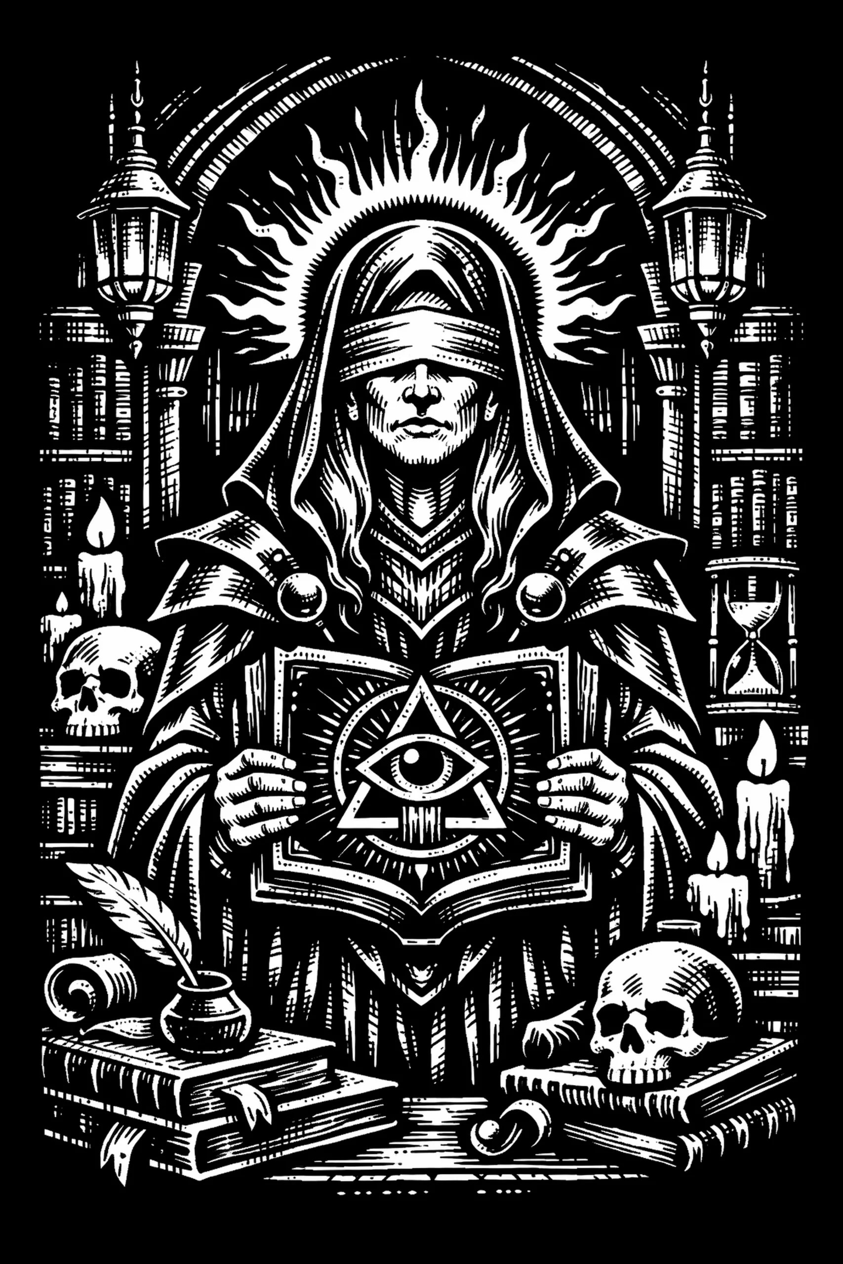 Black-and-white engraved image of a blindfolded hooded figure holding an open ornamental book with a triangular eye emblem, halo of flame-like rays behind the head, mirrored shelving and hanging lanterns, candles.