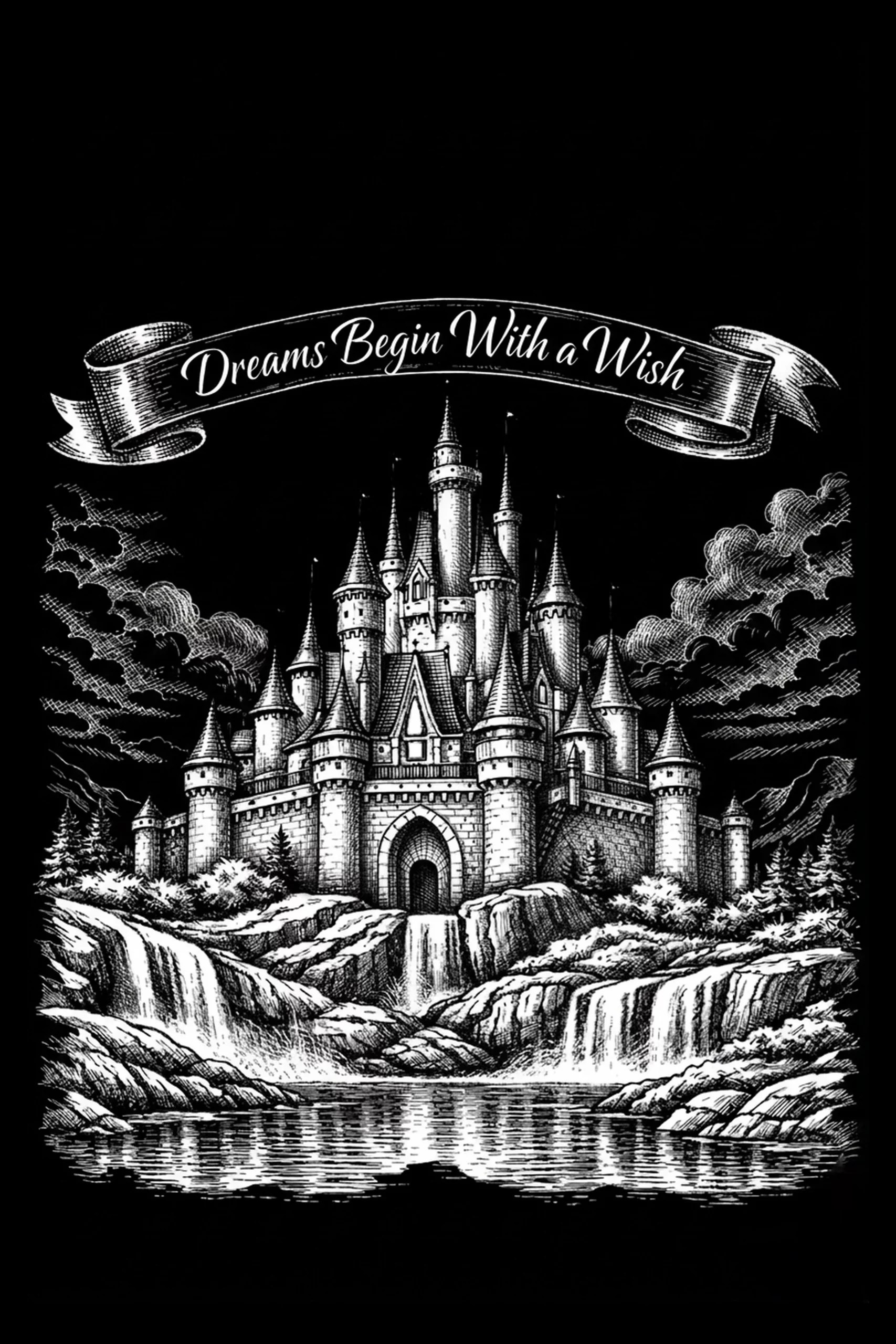 White-ink etching of a frontal castle with many spires beneath a ribbon that reads "Dreams Begin With a Wish," waterfalls drop from a rocky ledge into a reflective pool against a black background.